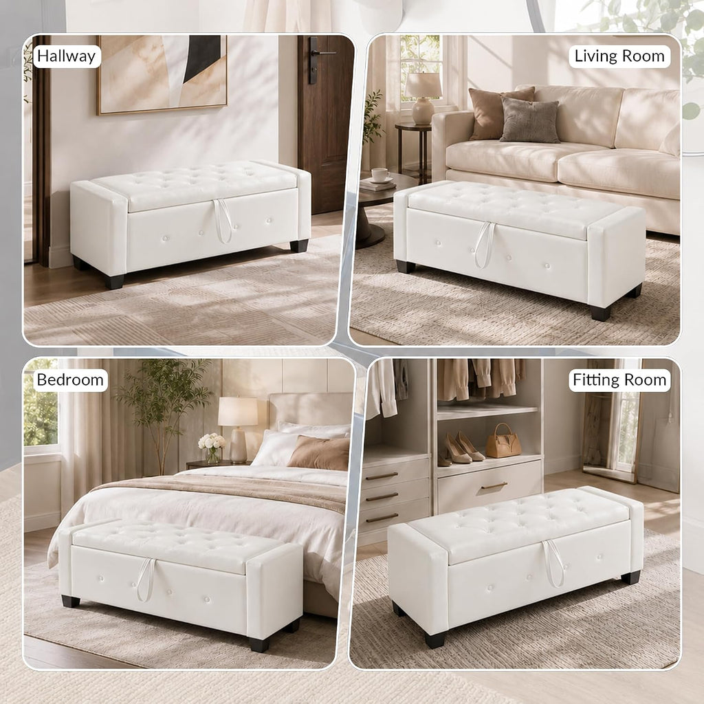 extrasleep 48" White Storage Ottoman Bench, Faux Leather Upholstered Tufted Ottoman, PU Bench for Bedroom Living Room Entryway Hallway, Large Leather End of Bed Benches, Lvory White