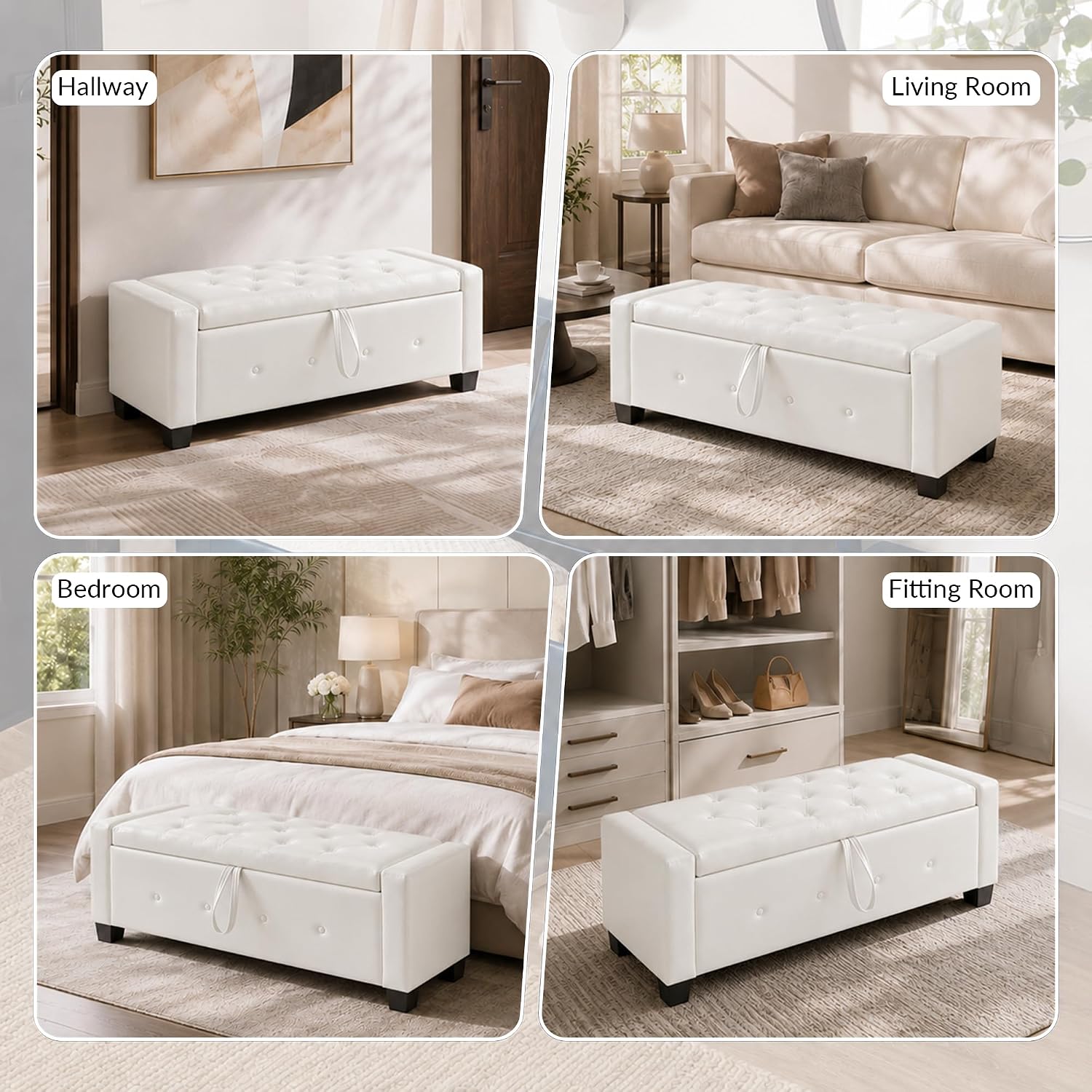 extrasleep 48" White Storage Ottoman Bench, Faux Leather Upholstered Tufted Ottoman, PU Bench for Bedroom Living Room Entryway Hallway, Large Leather End of Bed Benches, Lvory White
