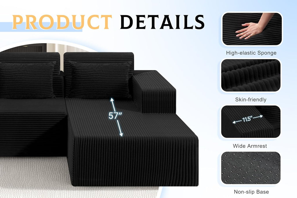105" Modular Sectional Sofa for Living Room,Cloud Couch with L-Shape Chaise | Couch with Deep Seat, Memory Foam Cloud Sectional Couch, No Assembly, Luxury Velvet (Black, Right)