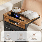 Simple Trending Side Table, C Shaped End Table with Charging Station, Couch Table with Storage Bag, Adjustable Height, Rustic Brown