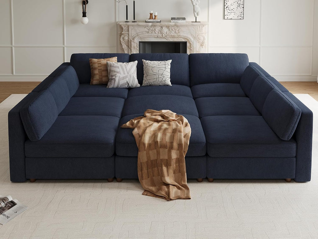 Oversized Cloud Sleeper Couch 9 Seater Modular Sectional Sofa Blue | Modern Chenille Wide Deep Seat Sofa Bed, Comfy Luxury Couches for Living Room, Bedroom, Apartment, No Tool Assembly