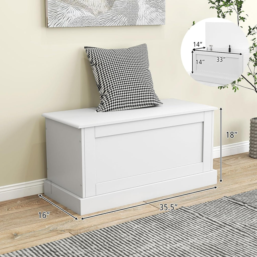 LOKO 35.5-inch Wooden Storage Bench, Lift Top Storage Box (White) | Large Storage Chest | Farmhouse Storage Trunk | Metal Hinges | Safety Hydraulic Strut | For Living Room, Bedroom, Entryway
