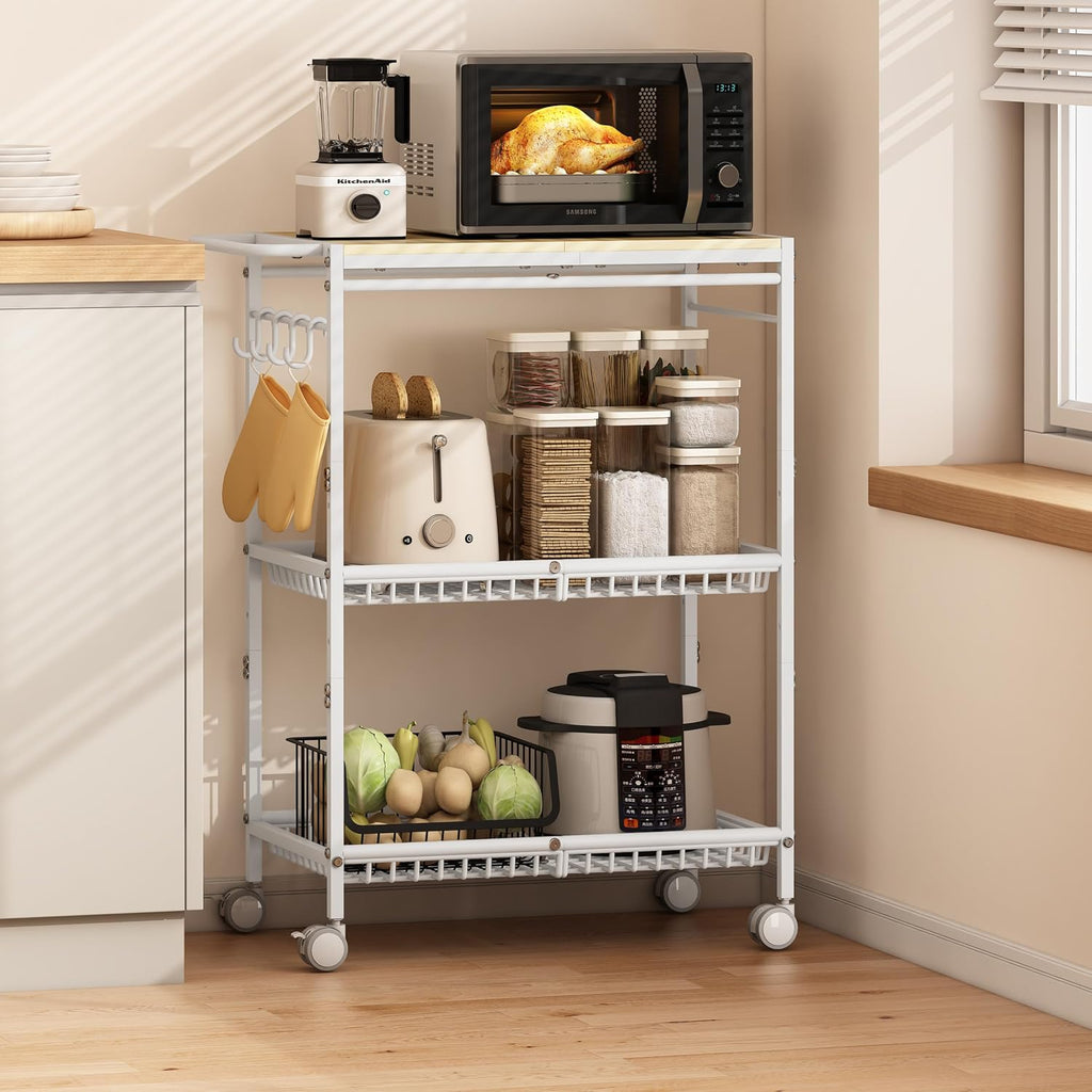 Microwave Kitchen Cart with 2 Lockable Wheels, White Kitchen Storage Cart with Push Handle, 3 Tier Rolling Cart with 210Lbs Capacity for Kitchen Island, Restaurant, Coffee Bar, Living Room, Office