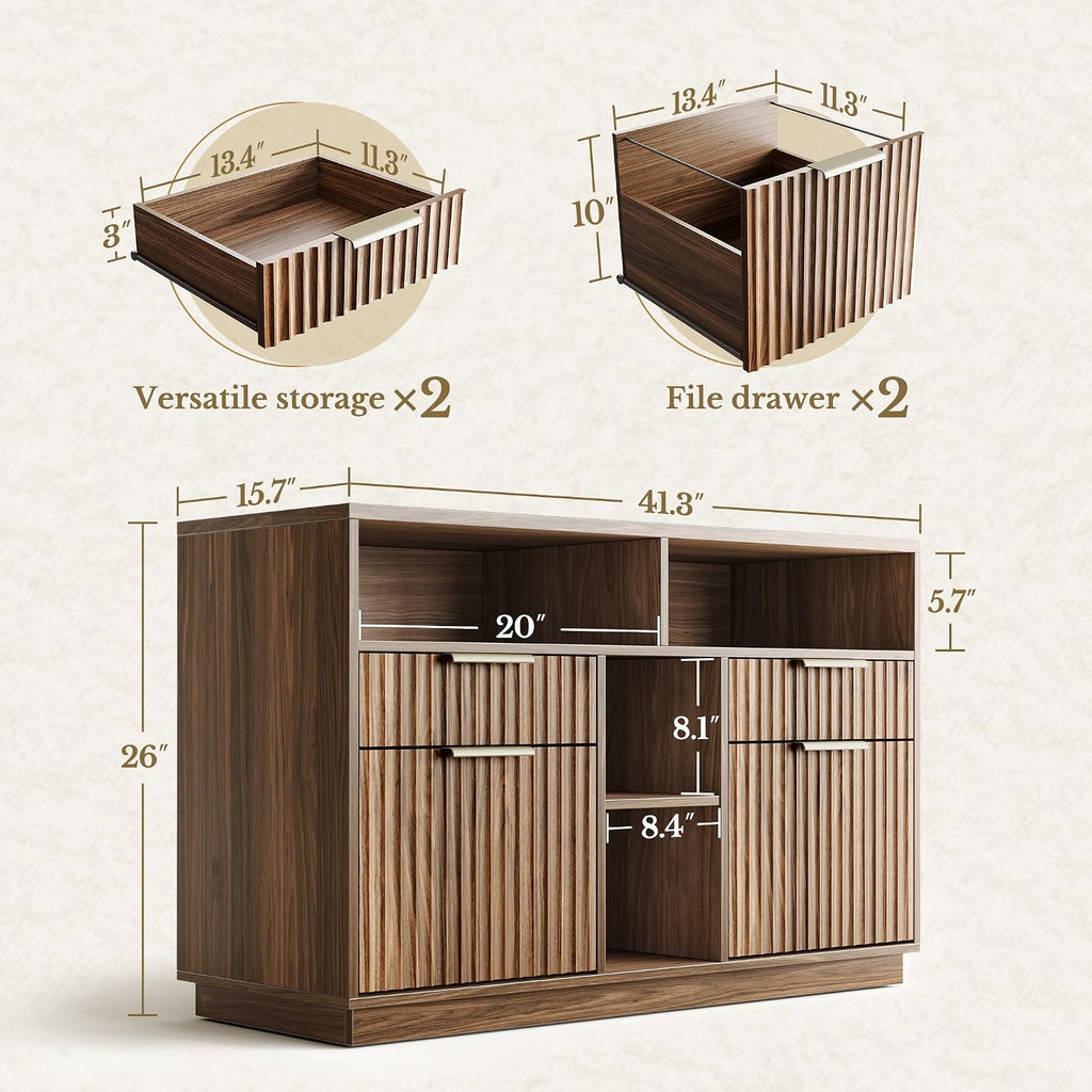 4 Drawer Fluted File Cabinet with Lock for Home Office | Wood Lateral Filing Cabinet for Letter/A4 Files, Charging Station, Open Shelves, Office Storage Cabinet, Black Walnut