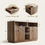 4 Drawer Fluted File Cabinet with Lock for Home Office | Wood Lateral Filing Cabinet for Letter/A4 Files, Charging Station, Open Shelves, Office Storage Cabinet, Black Walnut