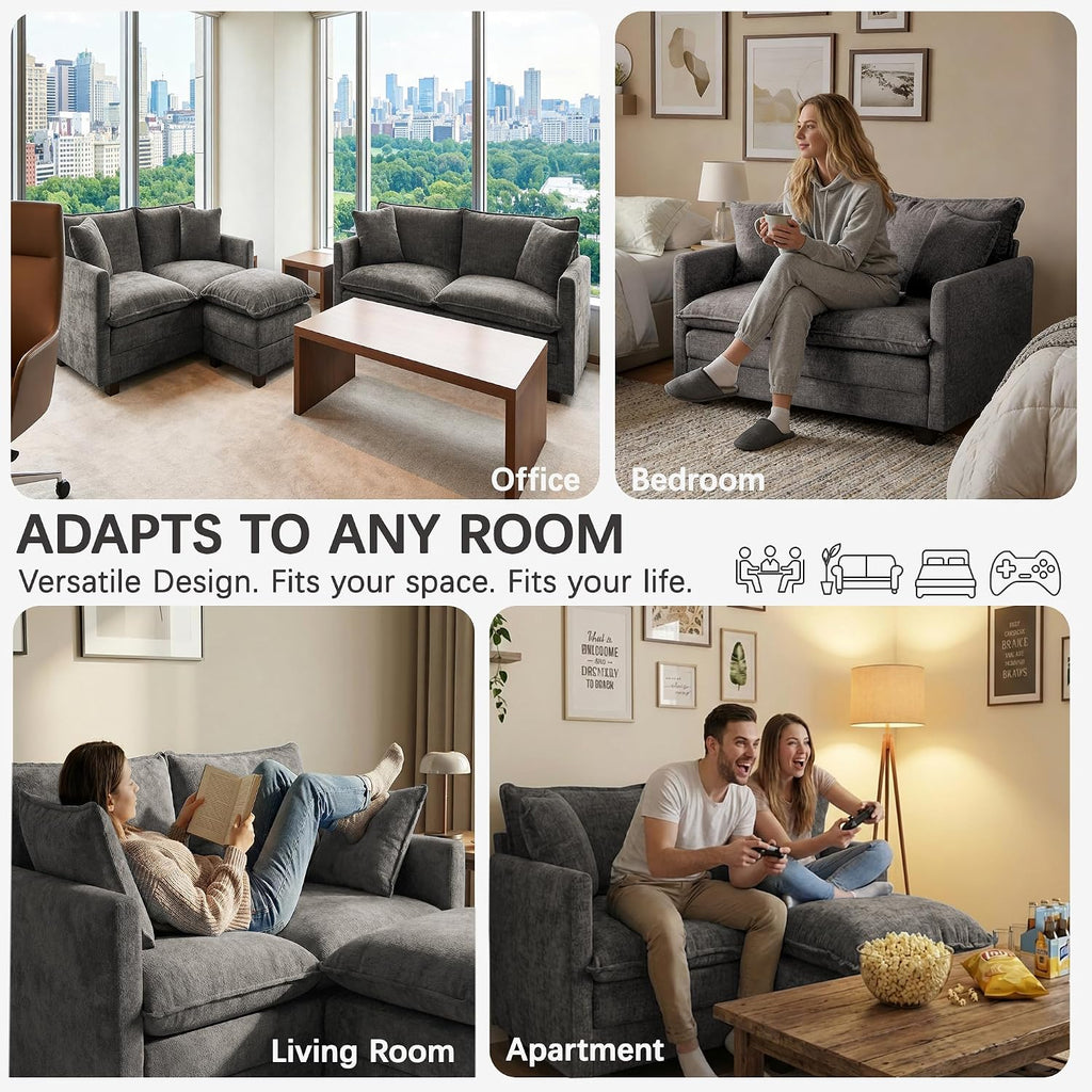 52'' Loveseat Sofa with Ottoman,Cloud Sofa Couch for Living Room | 27" Deep Seat & 2 Pillows, Modern Comfy Chenille Small Couch for Small Spaces, Apartment, Studio, Bedroom, Living Room