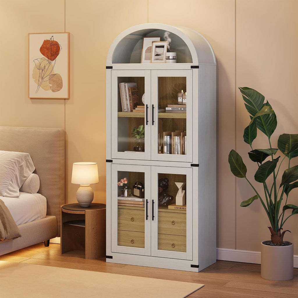 IDEALHOUSE Arched Kitchen Pantry Cabinet,71'' Wood Storage Cabinets Bookcase,Farmhouse Storage Display Cabinet with Glass Doors,2 Large Drawers,Versatile Cupboard for Living Room,Dining Room(White)