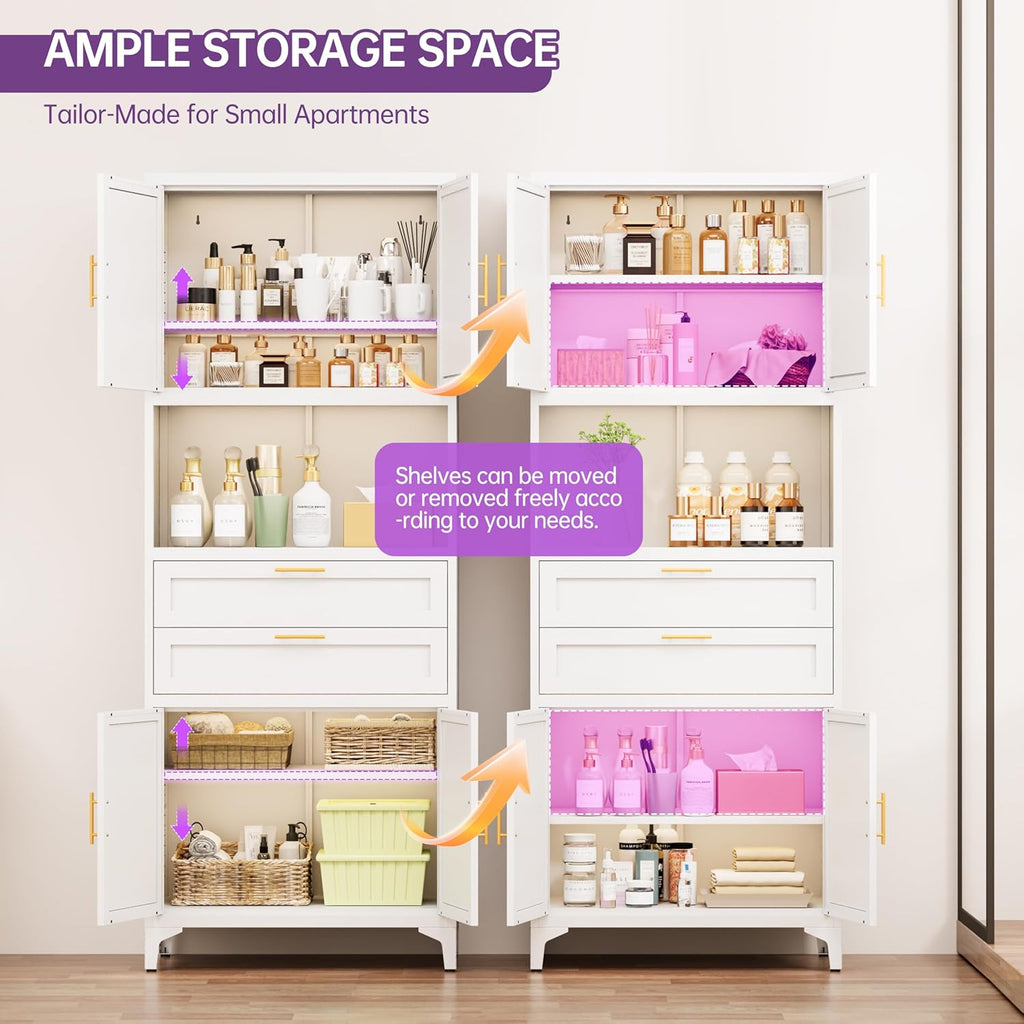 75" Tall Food Kitchen Pantry Cabinet,Tall Bathroom Storage Cabinet with 4 Doors and Shelves & 2 Drawers, Freestanding Cupboard for Living Room/Bathroom (White)