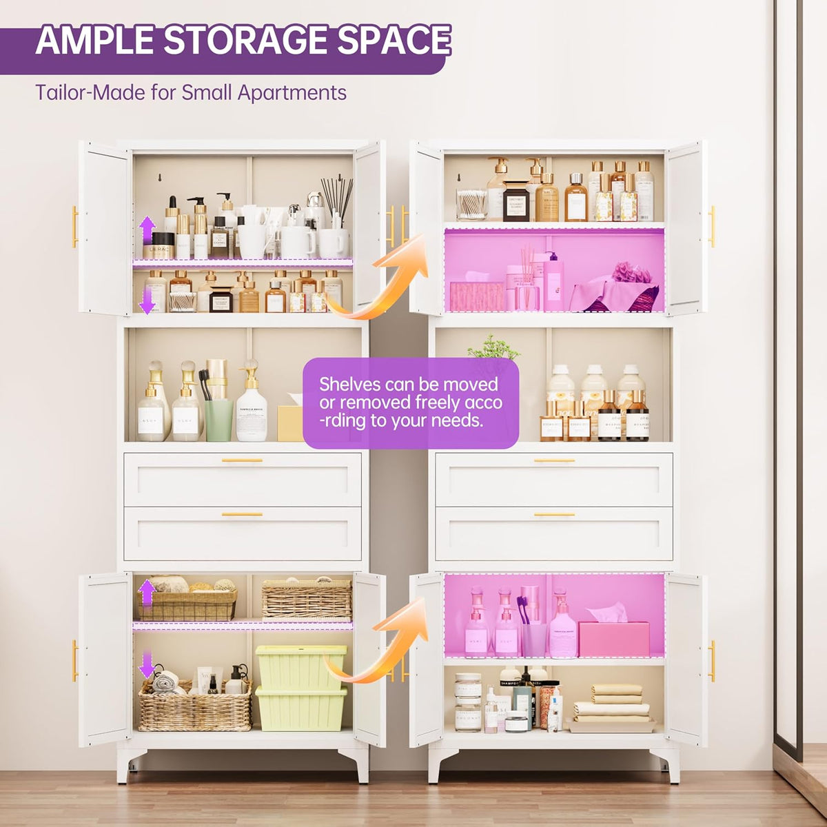 75" Tall Food Kitchen Pantry Cabinet,Tall Bathroom Storage Cabinet with 4 Doors and Shelves & 2 Drawers, Freestanding Cupboard for Living Room/Bathroom (White)