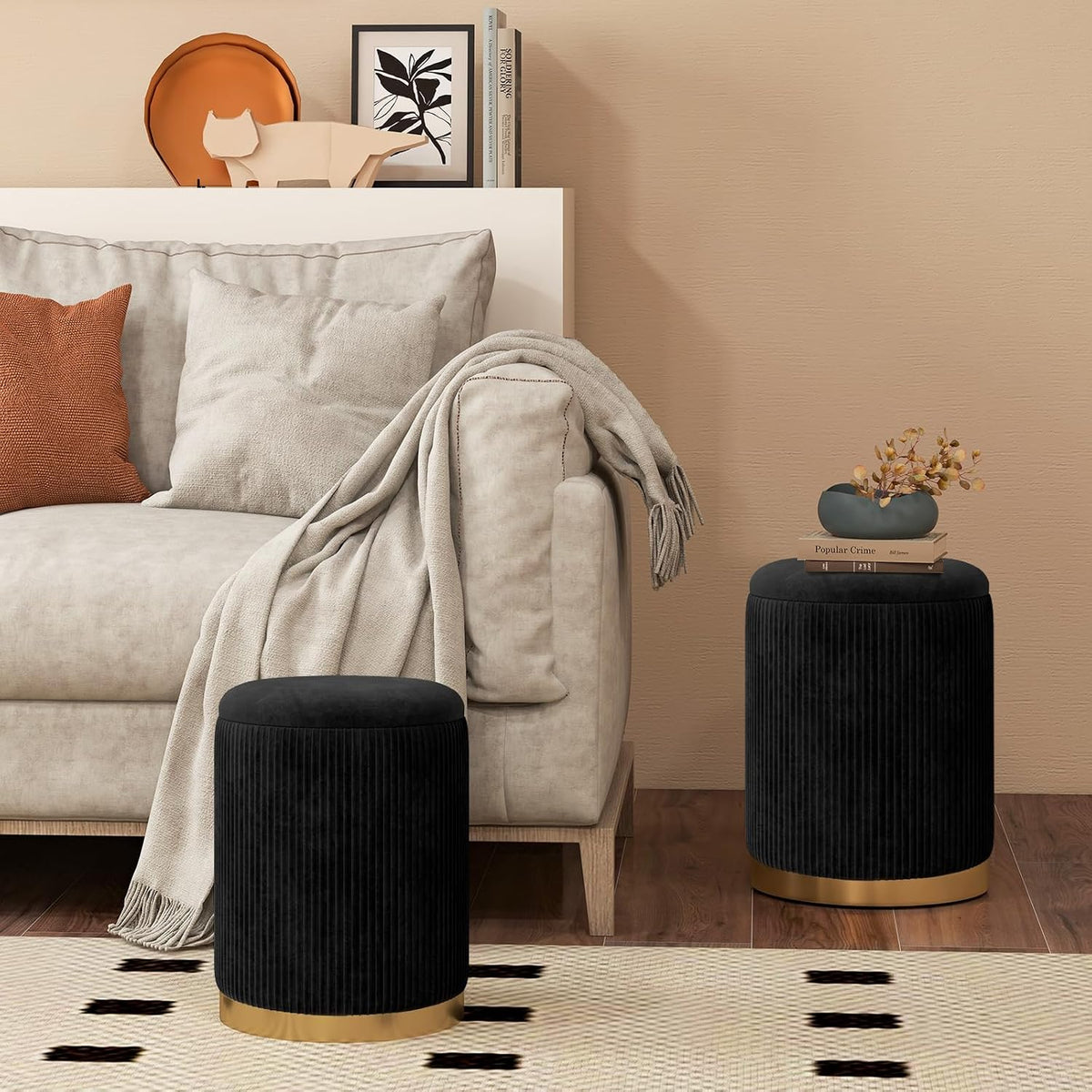GOFLAME Round Velvet Storage Ottoman Set of 2, Upholstered Footrest with Gold Hoop, Vanity Stool Chair, Stackable Footstool for Living Room, Bedroom, Black & Golden