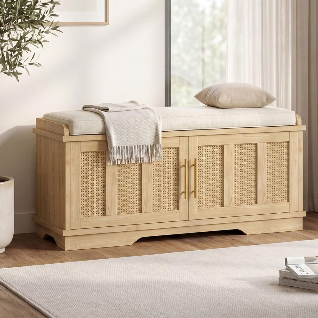 Heybly Shoe Cabinet with Bench, Rattan Entryway Storage Bench with Cushion, Shoe Storage Bench Cabinet with 2 Doors, Adjustable Shelves, Wooden Shoe Bench 31.5" for Living Room Bedroom Hallway HSB001N