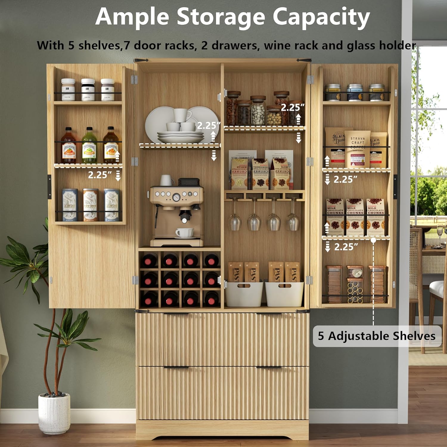71" Tall Fluted Kitchen Pantry Storage Cabinet with 2 Drawers & 7 Door Shelf,Modern Kitchen Hutch Cabinet with Adjustable Shelves,Wood Food Pantry w/Wine Rack & Glass Holder,Cupboard for Dining Room