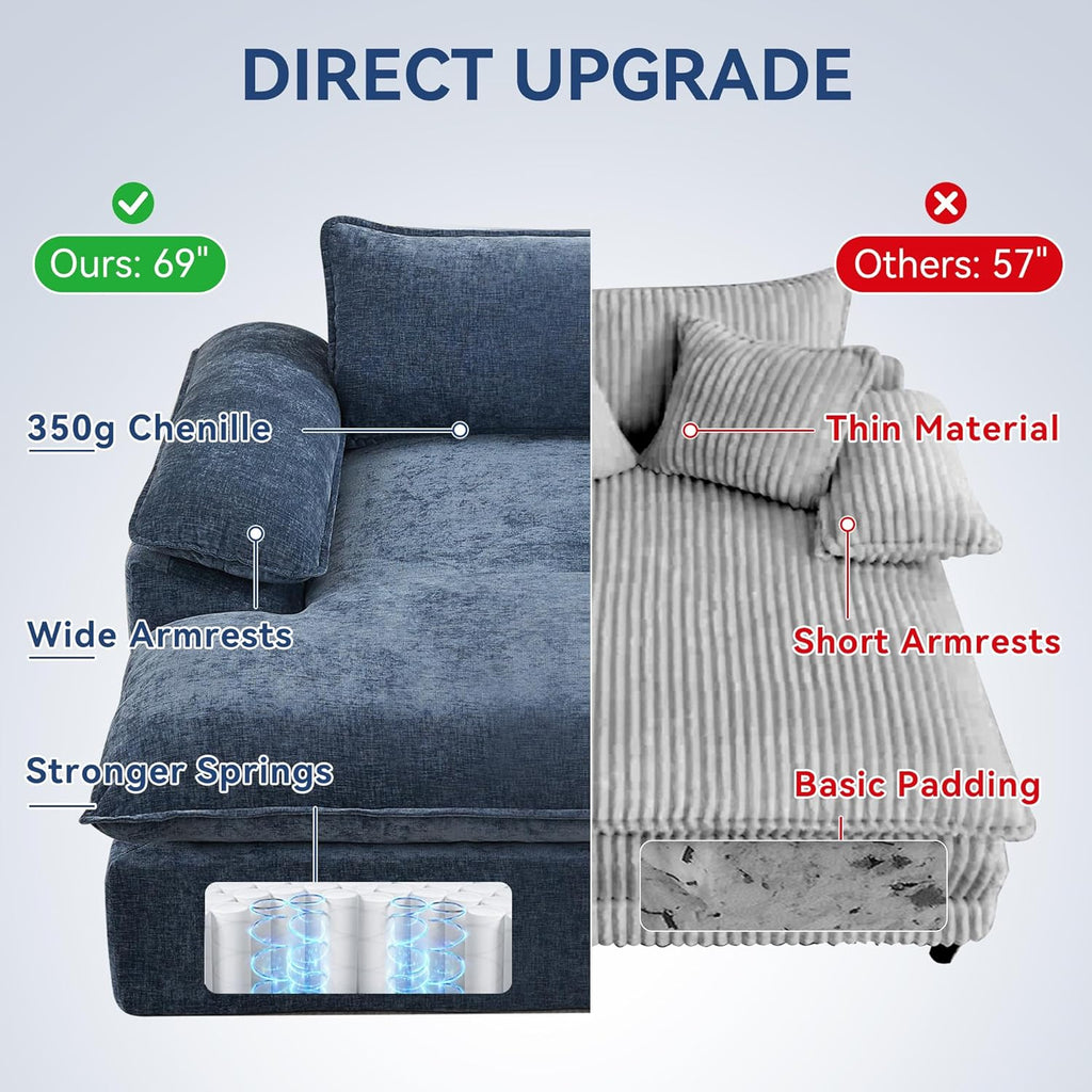 WUTUTUEE 69" Oversized Chaise Lounge Chair Indoor, No Assembly Blue Lounge Couch, Chenille Upholstered Sofa Bed with Pockets, Oversized Reading Chair with Ottoman for Living Room, Bedroom, Office