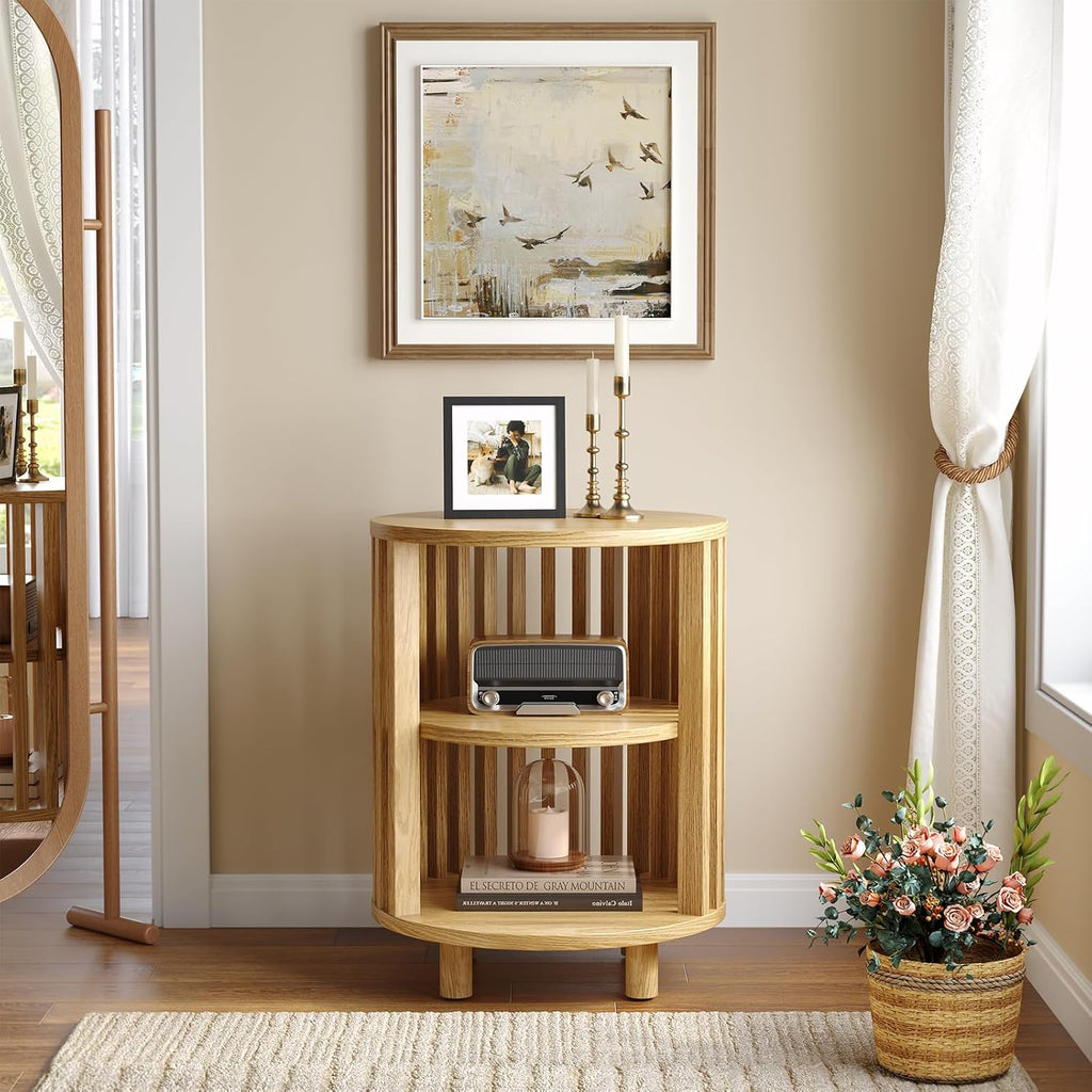 Round End Table, Wood Side Tables, Mid Century Modern Nightstand with 2 Tier Storage, Small Circle Bedside Table for Small Spaces, Living Room, Curved Profile Design, 19.7" Tall, Oak (1-Pack)