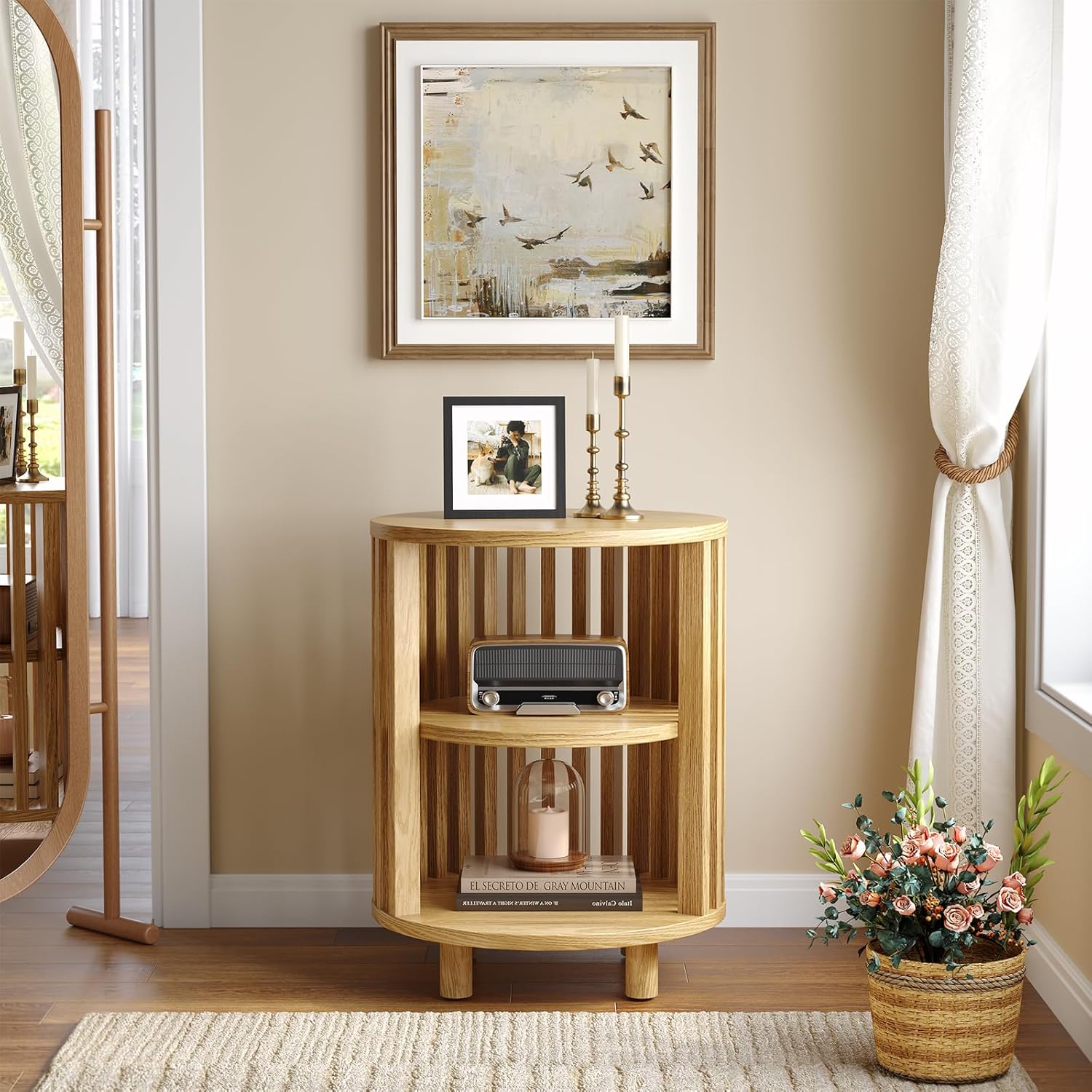 Round End Table, Wood Side Tables, Mid Century Modern Nightstand with 2 Tier Storage, Small Circle Bedside Table for Small Spaces, Living Room, Curved Profile Design, 19.7" Tall, Oak (1-Pack)