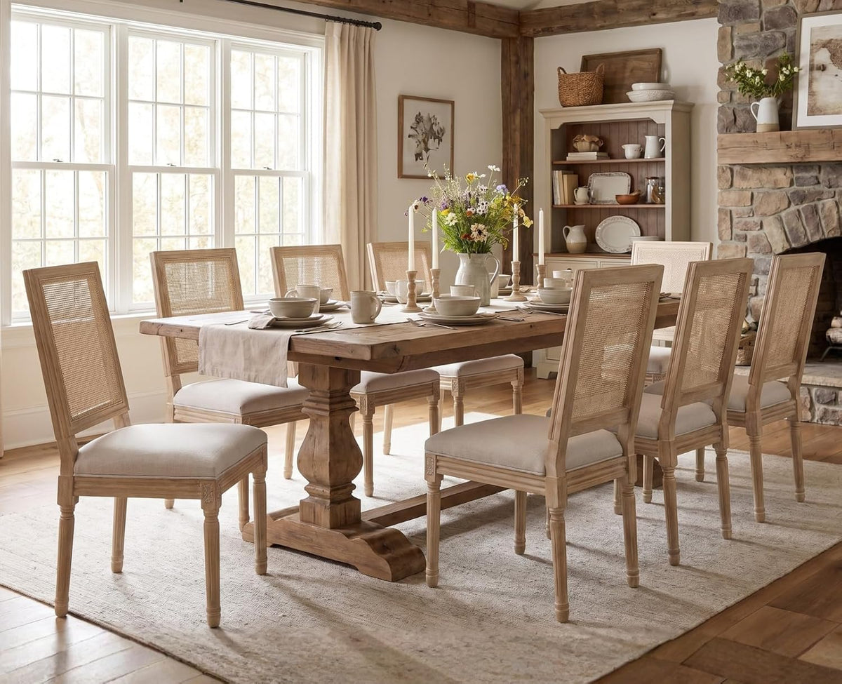CIMOTA Farmhouse Dining Chairs Set of 8, French Rattan Dining Room Chairs with Rectangle Back/Distressed Wood Upholstered Vintage Side Chairs for Kitchen/Restaurant, Linen Beige/8PCS