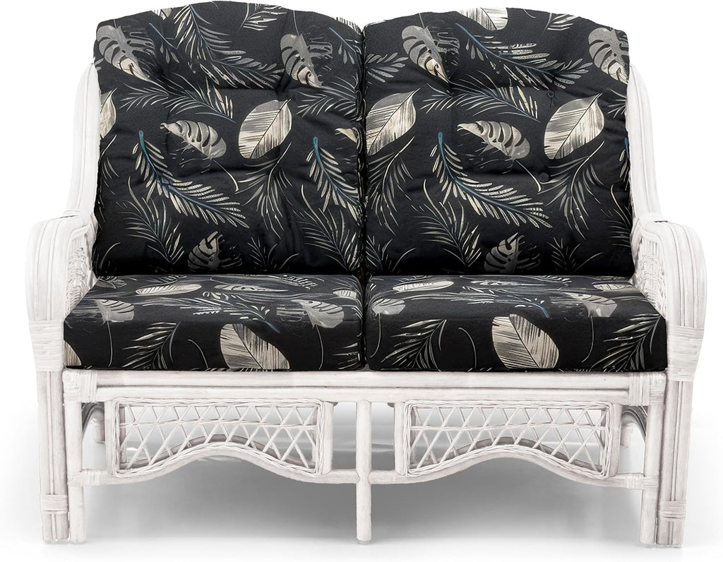 Malibu Lounge Loveseat Sofa Natural Rattan Wicker Handmade Design, White Color with Black Leaf Cushions