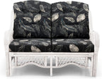 Malibu Lounge Loveseat Sofa Natural Rattan Wicker Handmade Design, White Color with Black Leaf Cushions