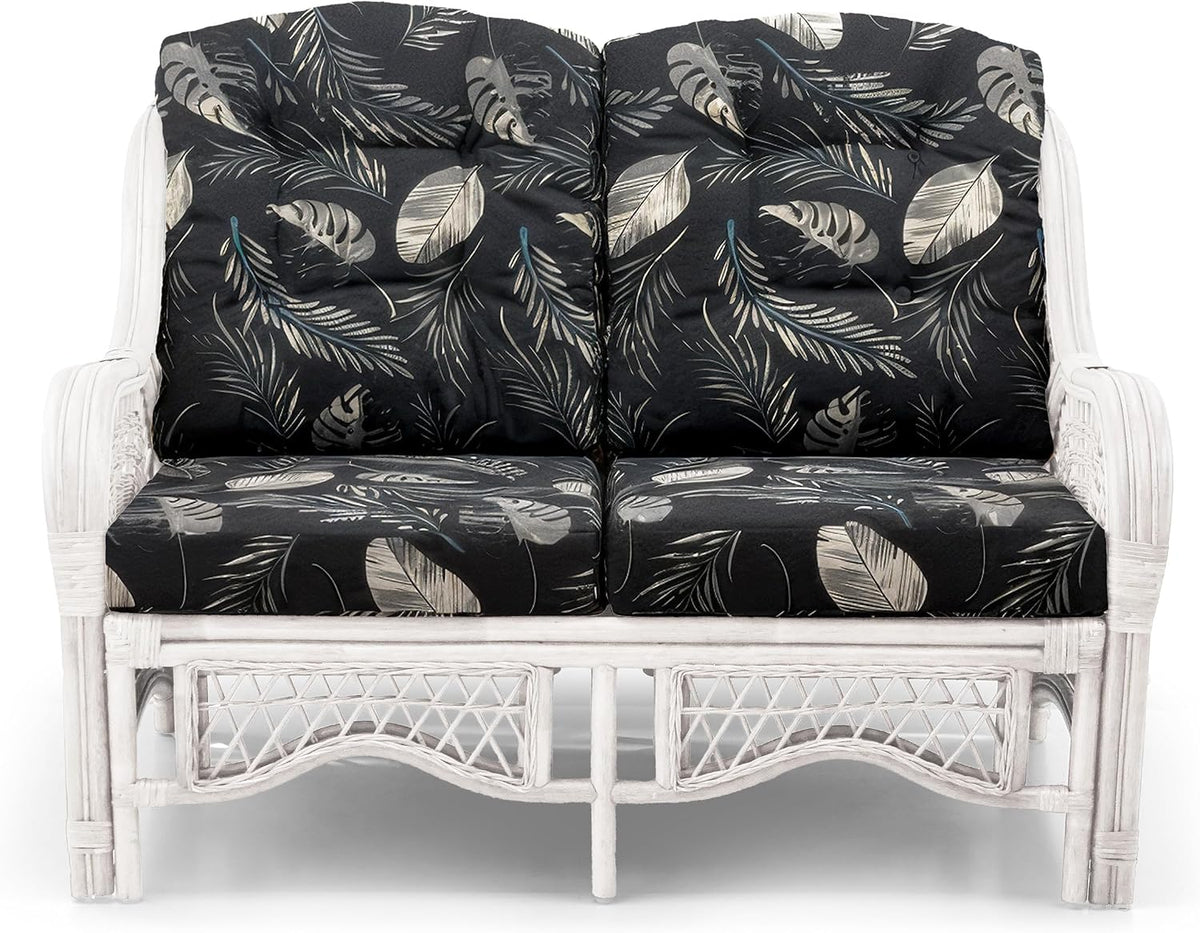 Malibu Lounge Loveseat Sofa Natural Rattan Wicker Handmade Design, White Color with Black Leaf Cushions