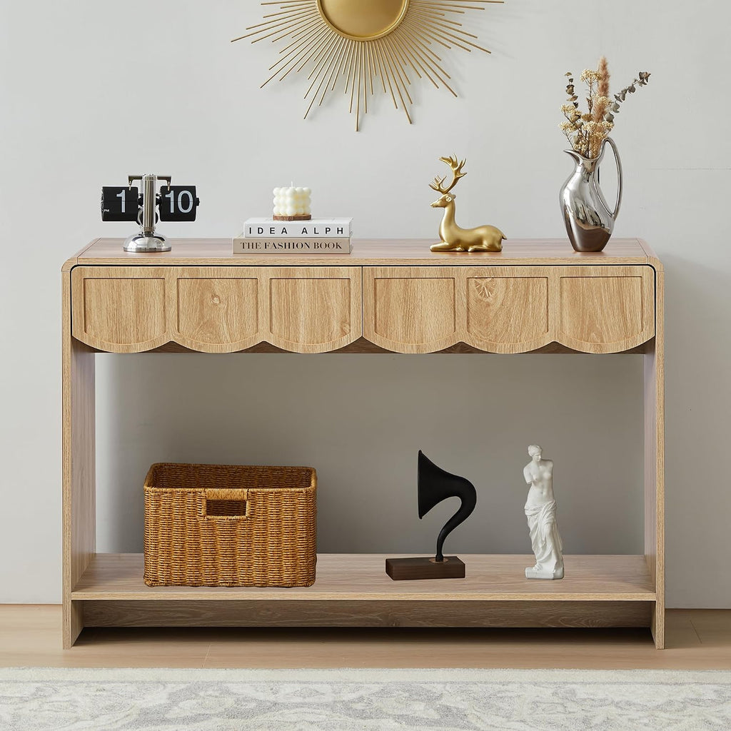 ORRD Console Table with Drawers, Mid-Century 43 Inches Narrow Entryway Table with Open Storage Shelves, Hallway Accent Tables Behind Couch Tables for Living Room - Natural