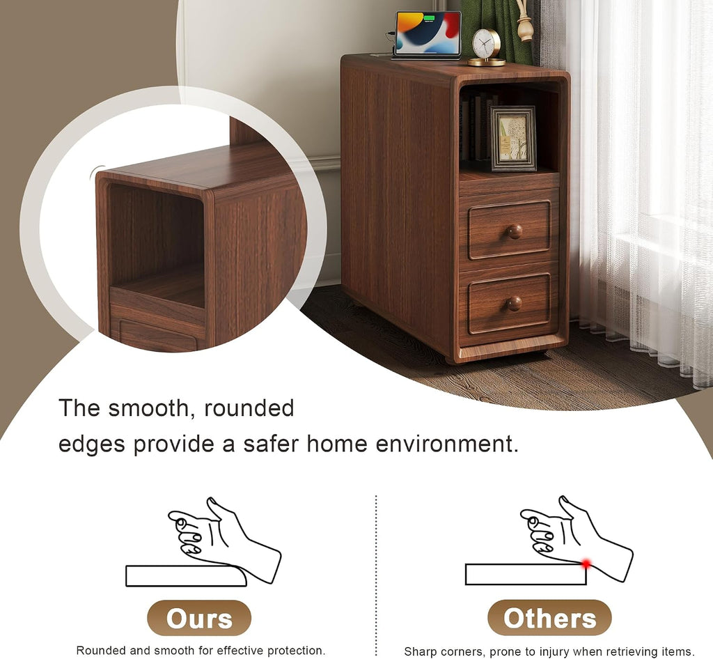 Walnut Corner Tables with Drawers & Open Shelves, Tall & Bedside Nightstands with Charging Station for Living Room & Bedroom