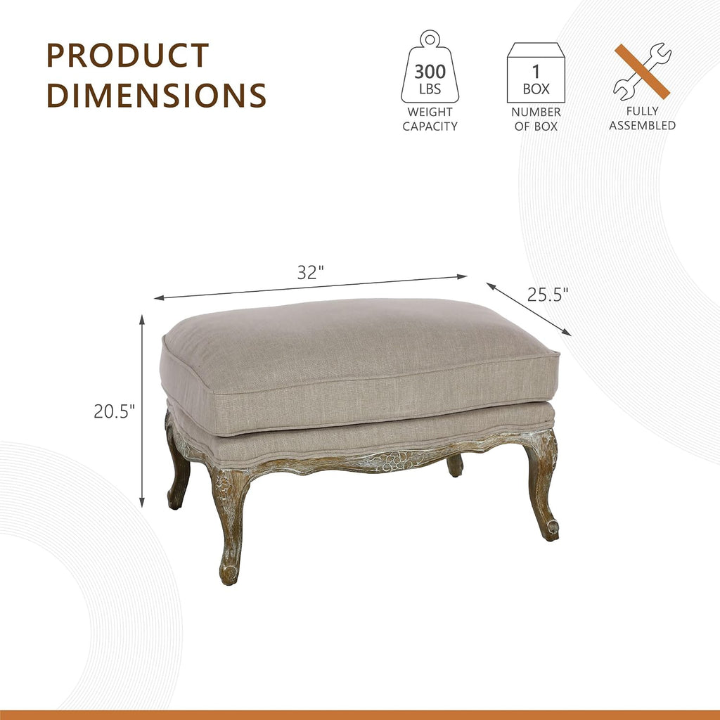 Lexicon Parlier Show Wood Ottoman - Rectangle Ottoman Pouf Foot Rest, Floral Motif, Solid Wood Frame, Feathered Down Filled Cushion, Fully Assembled, 32" L x 25.5" W x 20.5" H, Neutral