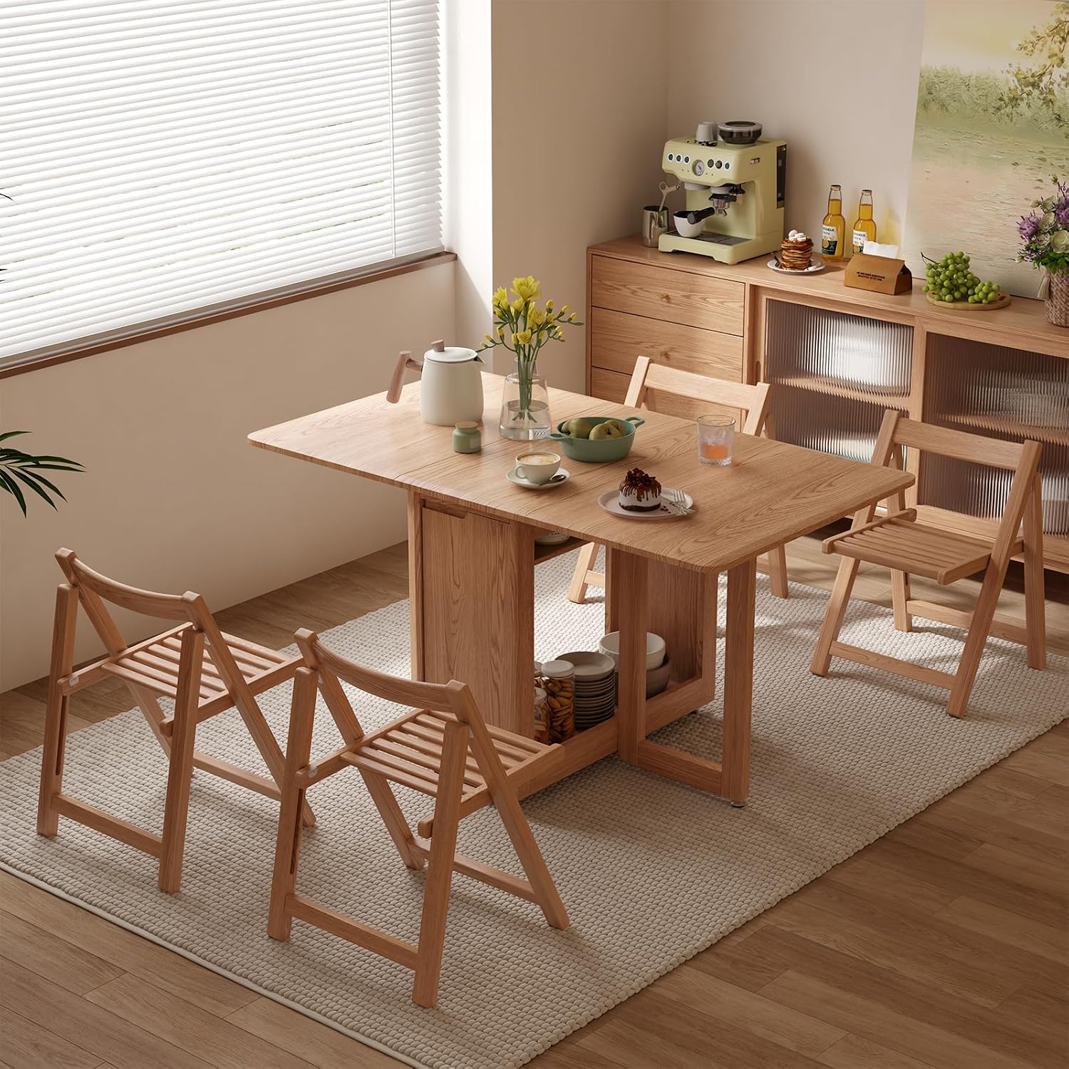 AnywaysWood Folding Dining Table with 4 Foldable Chairs Set, Space Saving Extendable Solid Wood Drop Leaf Table for Kitchen Dining Living Room Small Spaces Easy Assembly (55.12"×31.5"×30")