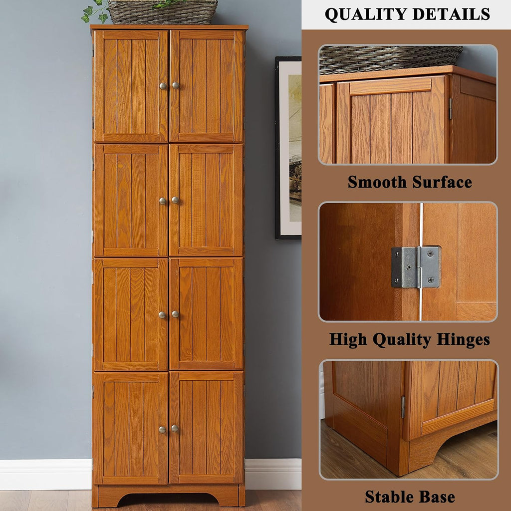 72" Tall Farmhouse Storage Cabinet, 4 Tier Kitchen Pantry Cabinet with 4 Shelves & 8 Doors, Freestanding Floor Storage Cabinet Wooden Organizer Bookcase for Living Room, Kitchen (Oak)