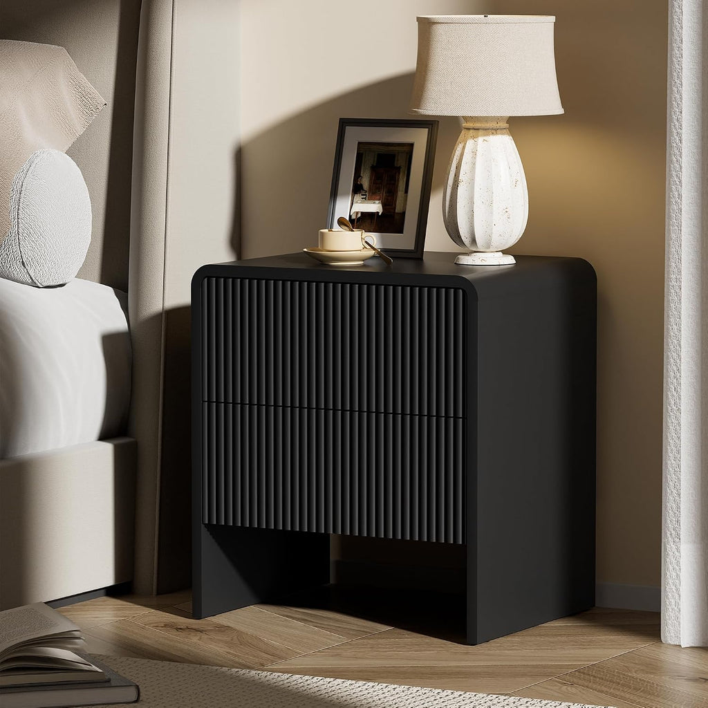 Furniway Set of 2 Modern Curved Nightstand with 2 Drawers, Push-to-Open Wooden Bedside Table, Minimalist End Table for Bedroom, Black