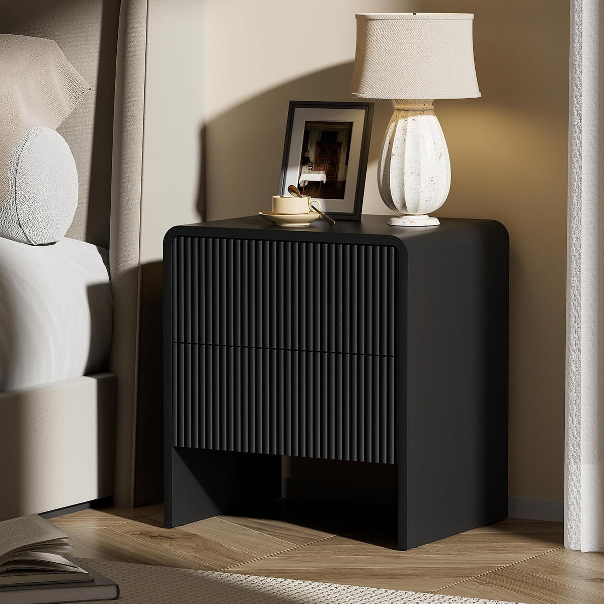 Furniway Set of 2 Modern Curved Nightstand with 2 Drawers, Push-to-Open Wooden Bedside Table, Minimalist End Table for Bedroom, Black