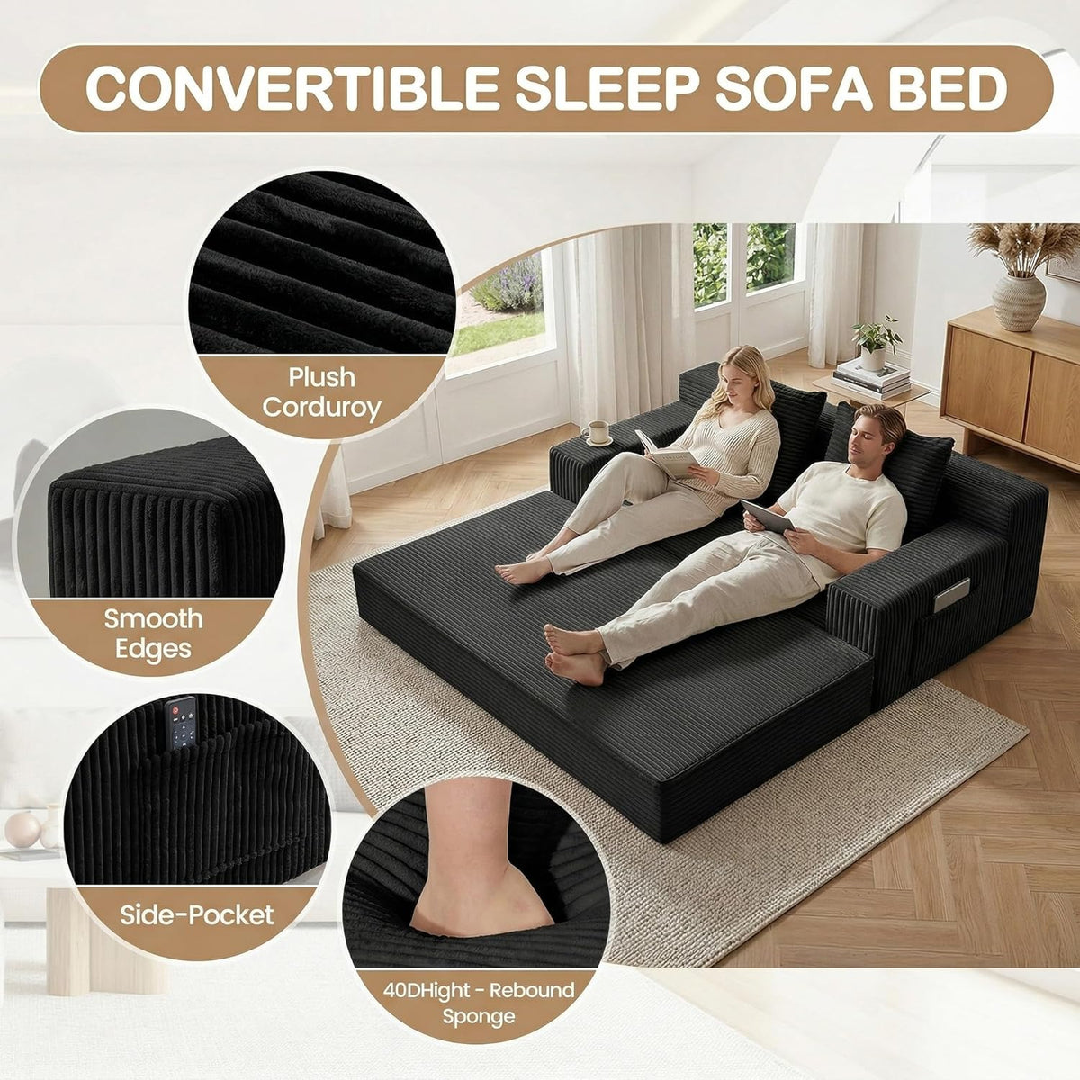 Loveseat Small Couch Bed, Futon Sleeper Sofa Bed,Convertible Pull Out Couch with 2 Pillows,Corduroy Folding Floor Couch for Living Room,No Assembly Required,Black