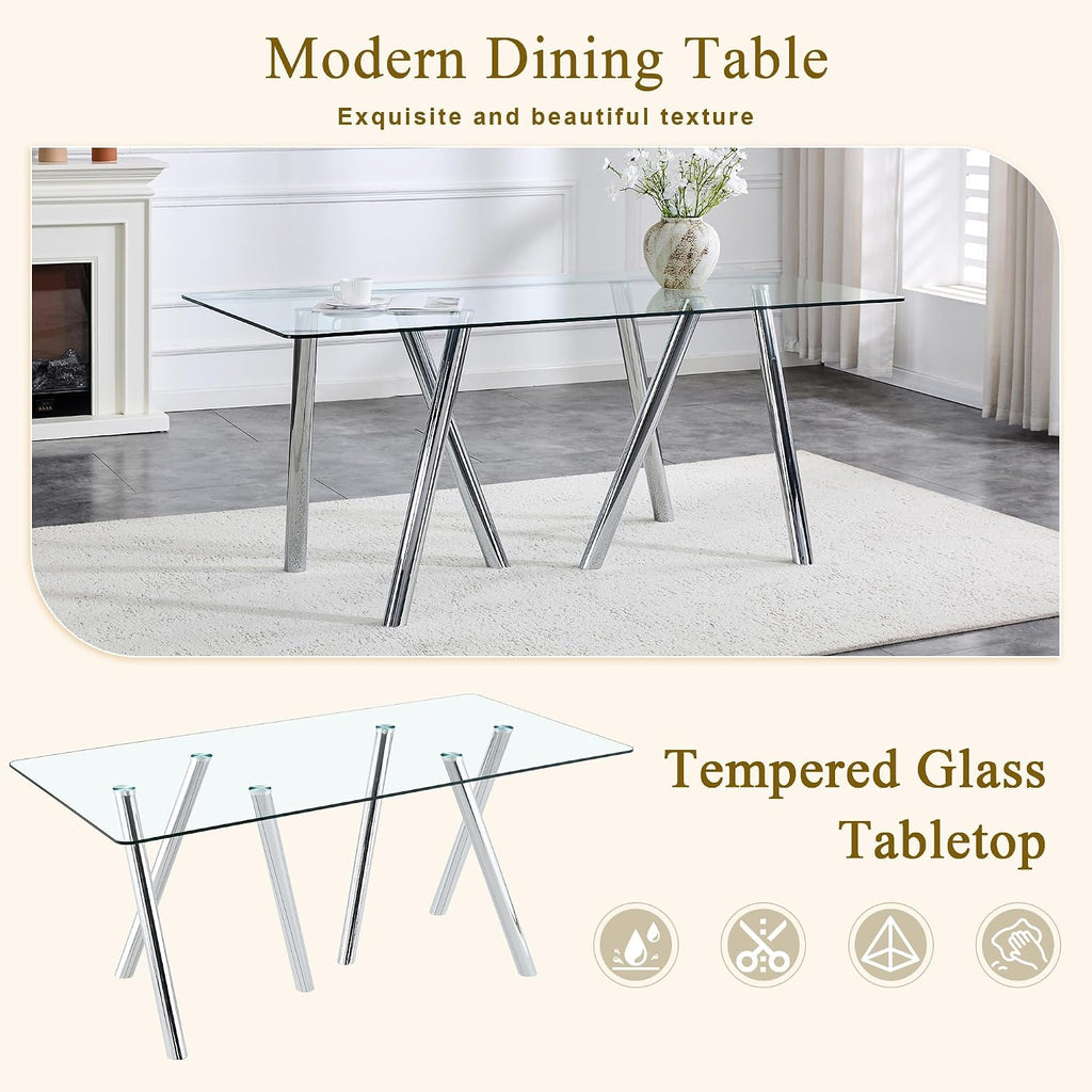 Glass Dining Table for 4 6 8 Pepole,71 Inch Rectangle Kitchen Dining Room Table with 0.39" Thick Tempered Glass Tabletop & Metal Legs, Modern Glass Top Silver Dinner Table for Dining Room