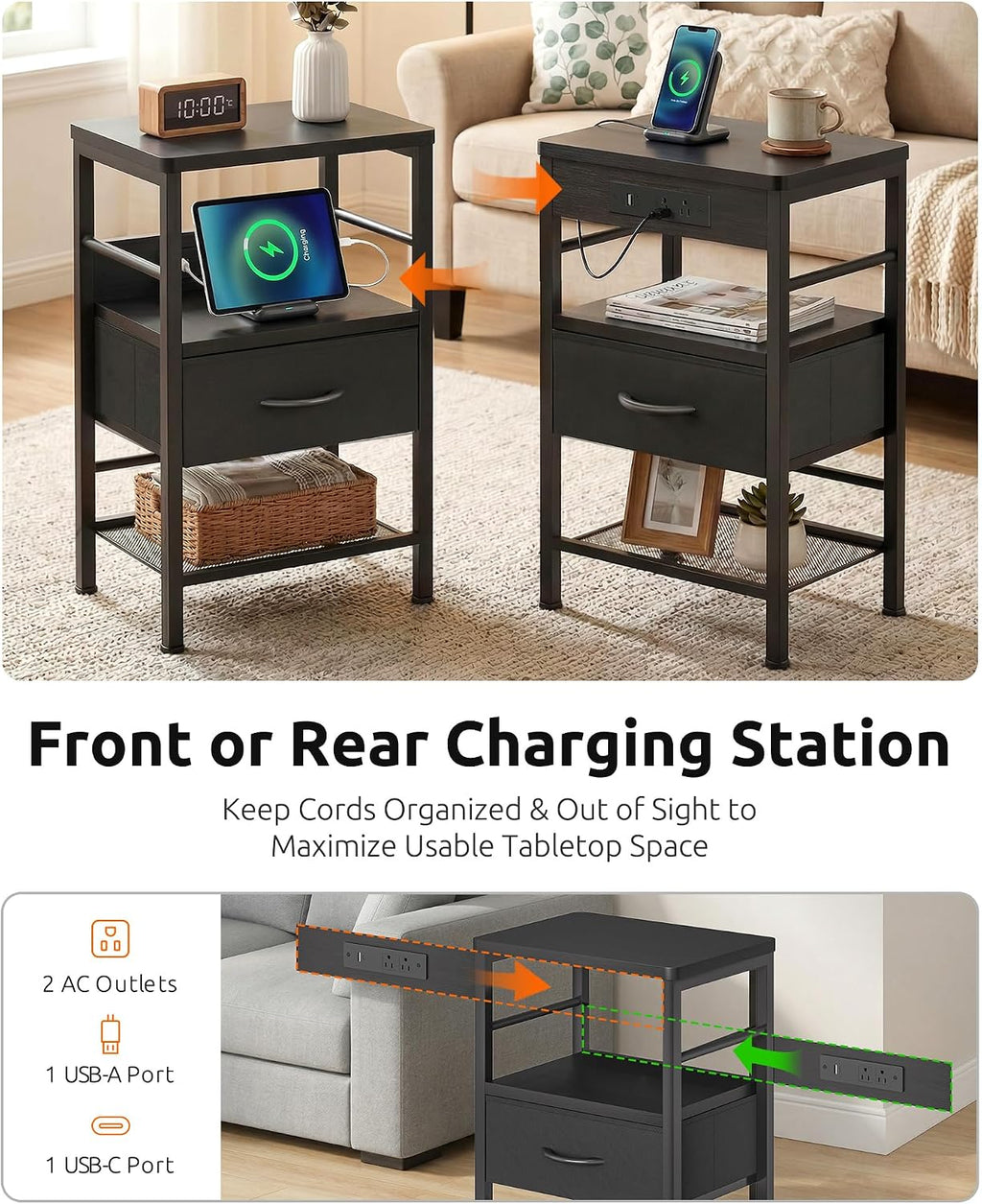 Lazzanto Nightstands Set of 2 with Charging Station, Black Night Stand | 1 Fabric Drawer, Open Shelf, Hooks, USB-C USB-A Port AC Outlets, Bedroom, Living Room, Dorm, 2-pack