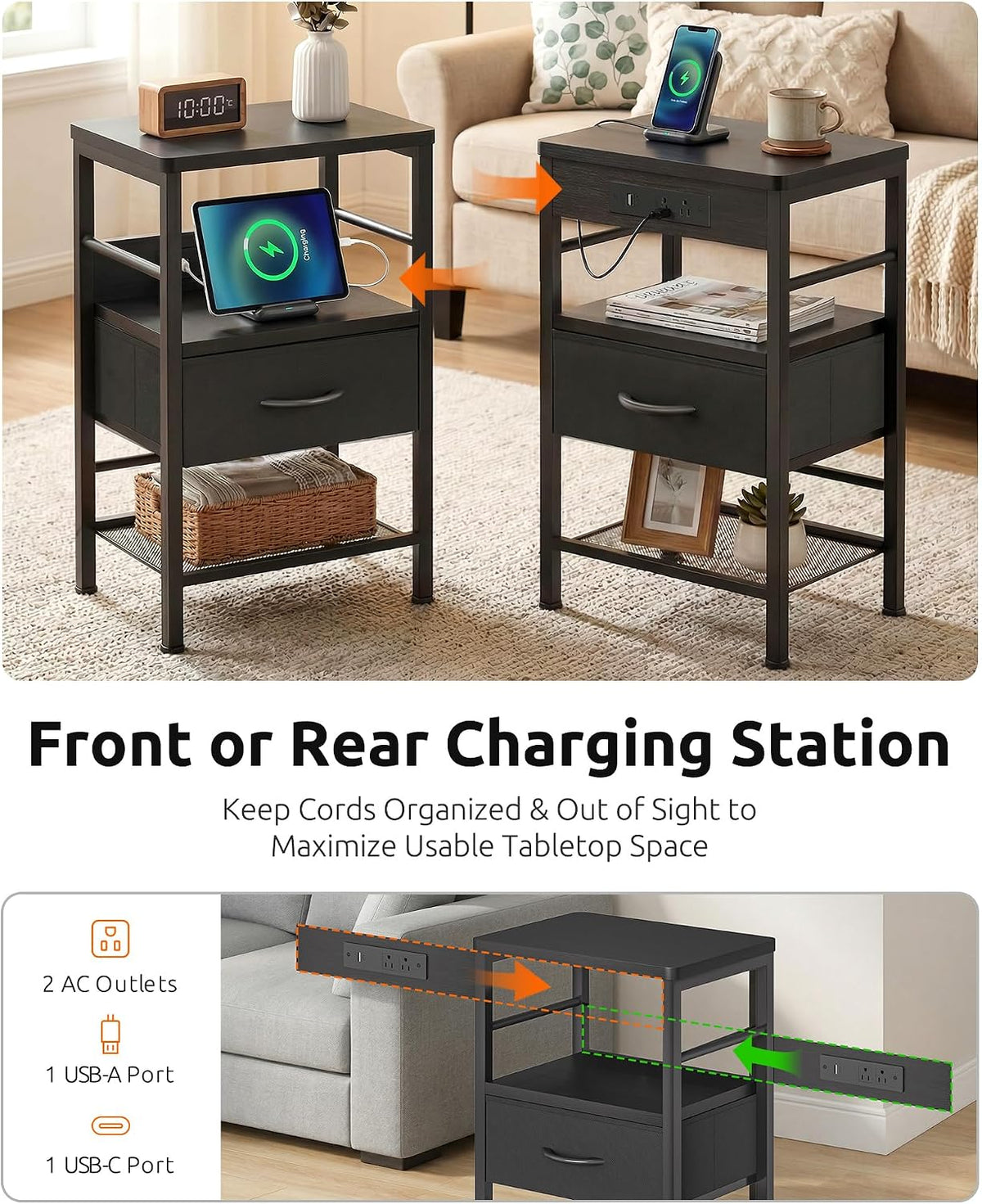 Lazzanto Nightstands Set of 2 with Charging Station, Black Night Stand | 1 Fabric Drawer, Open Shelf, Hooks, USB-C USB-A Port AC Outlets, Bedroom, Living Room, Dorm, 2-pack