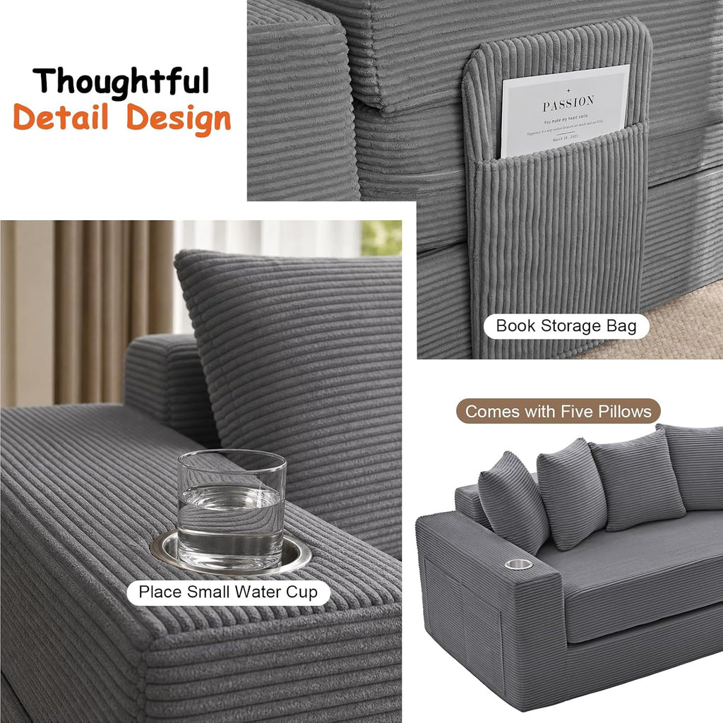 76" Convertible Sofa Bed, Corduroy Couch with Cup Holders & Pocket | 2-in-1 Sleeper Sofa, Pull-out Couch Bed with 5 Pillows, Living Room, Small Spaces, Bedroom, No Assembly