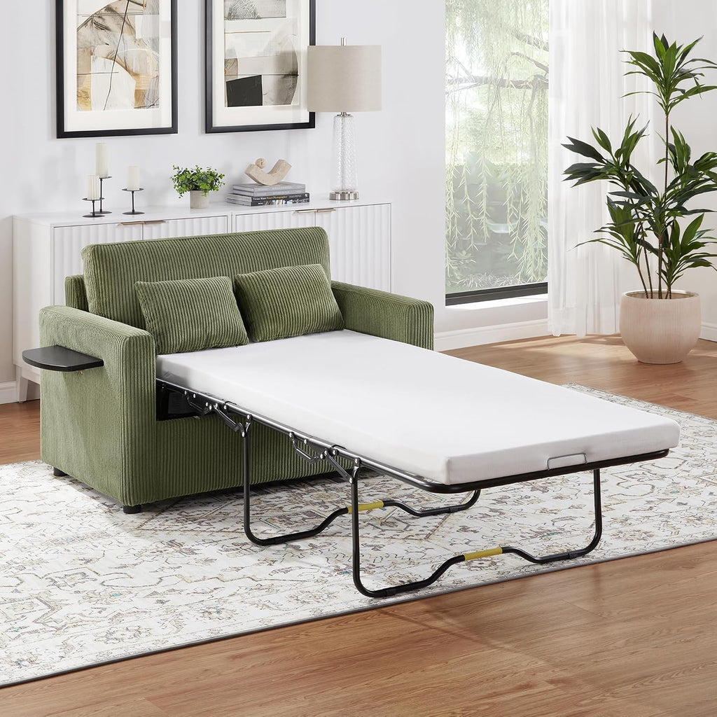 Twin Size Sofa Bed 47.2" Sleeper Sofa Loveseat Sofa with a Foldable Mattress, a Foldable Side Table, a Side Storage Pocket and Two USB Ports for Living Room, Green