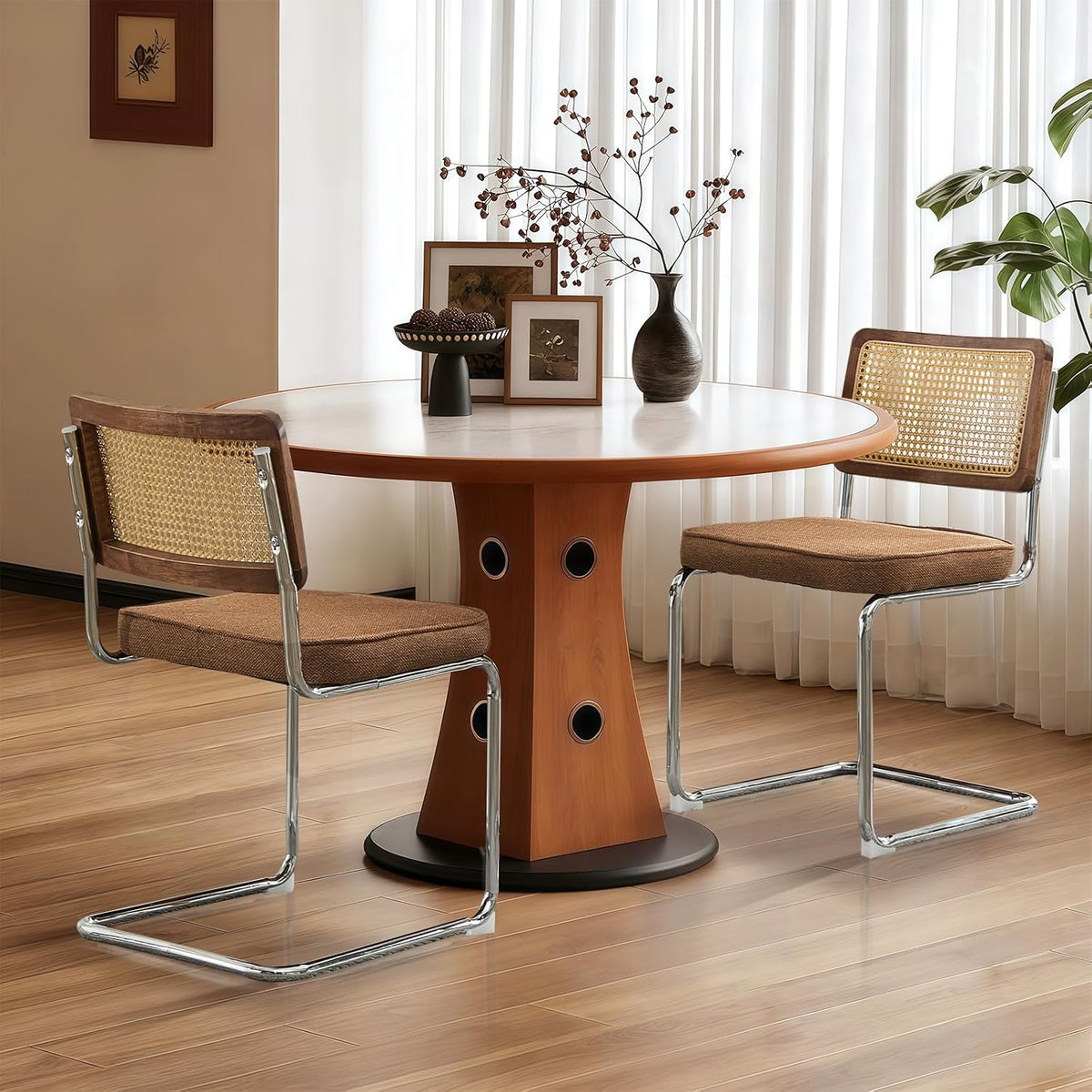 Rattan Back Linen Dining Chair Set of 4 Modern Stainless Chrome Base Armless Upholstered Side Chair for Dining Room, Kitchen Island,Coffee