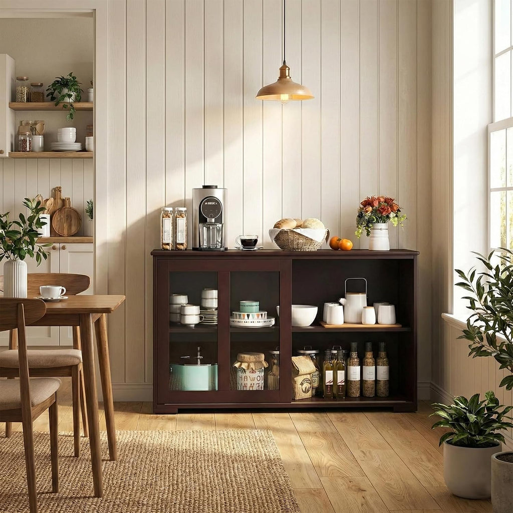 NAFORT Wooden Buffet Cabinet Sideboard with Sliding Doors, Kitchen Storage Console Table, Accent Coffee Bar with Adjustable Shelf for Living Room, Dining Room (Brown, 13" D x 42" W x 24.5" H)