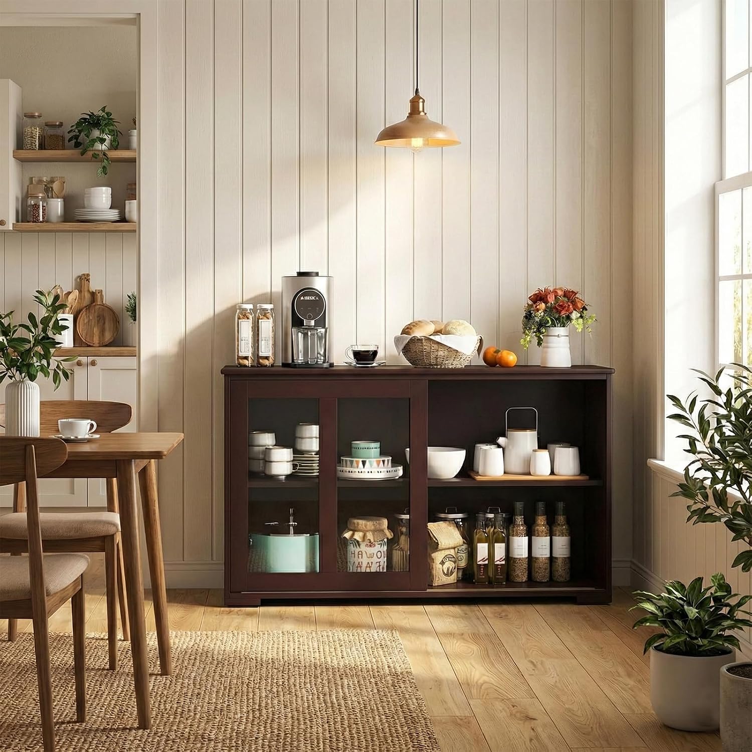 NAFORT Wooden Buffet Cabinet Sideboard with Sliding Doors, Kitchen Storage Console Table, Accent Coffee Bar with Adjustable Shelf for Living Room, Dining Room (Brown, 13" D x 42" W x 24.5" H)