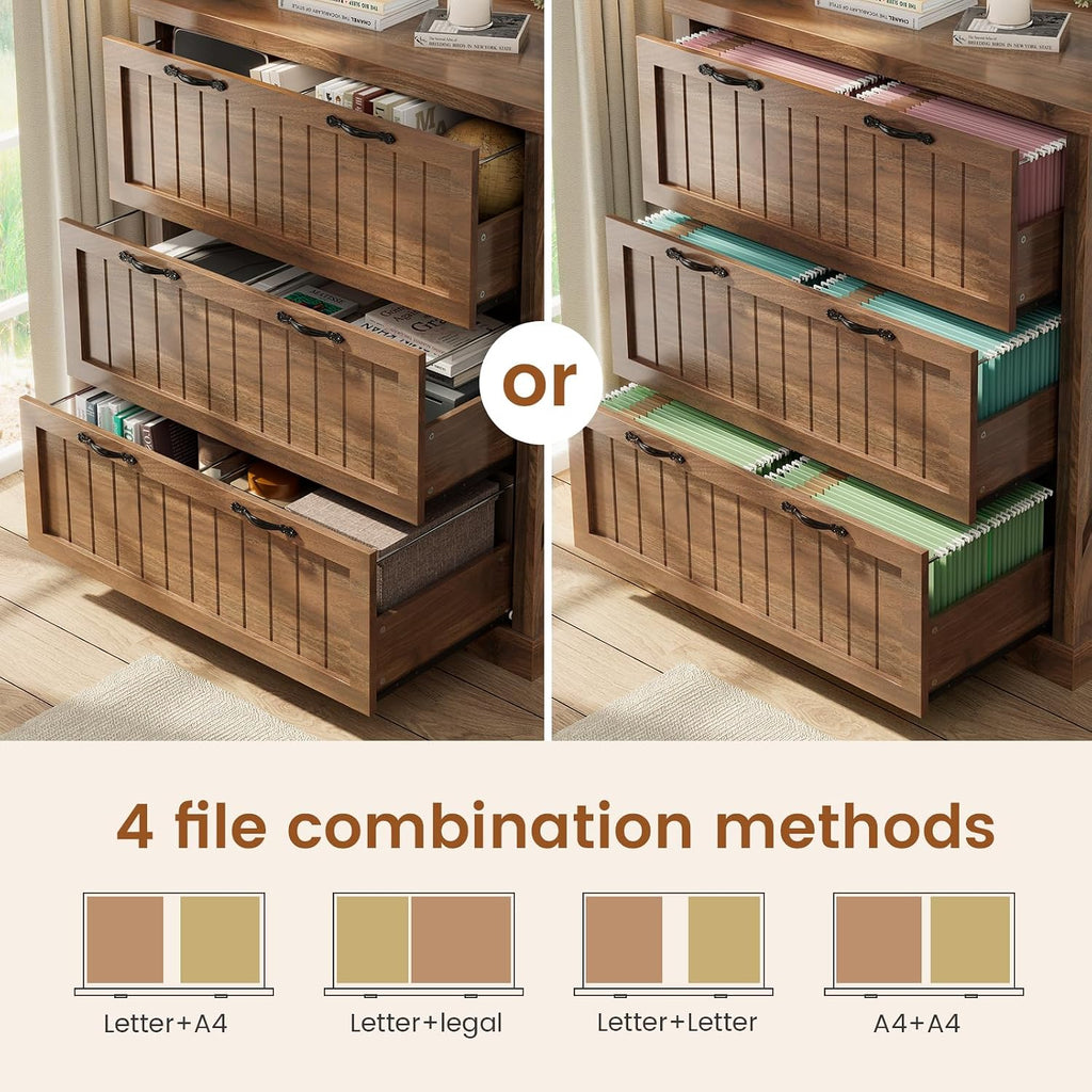 SEDETA Filing Cabinet for Home Office, Farmhouse 3 Drawer File Cabinet, Wood Office File Cabinets for Letter/Legal/A4 Size, Lateral File Cabinets with Printer Stand, Brown