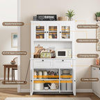 GAOMON 66" Tall Kitchen Pantry Cabinet, Modern Kitchen Hutch with Charging Station, Large Coffee Bar Storage Cabinet with Glass Doors and Drawers, White