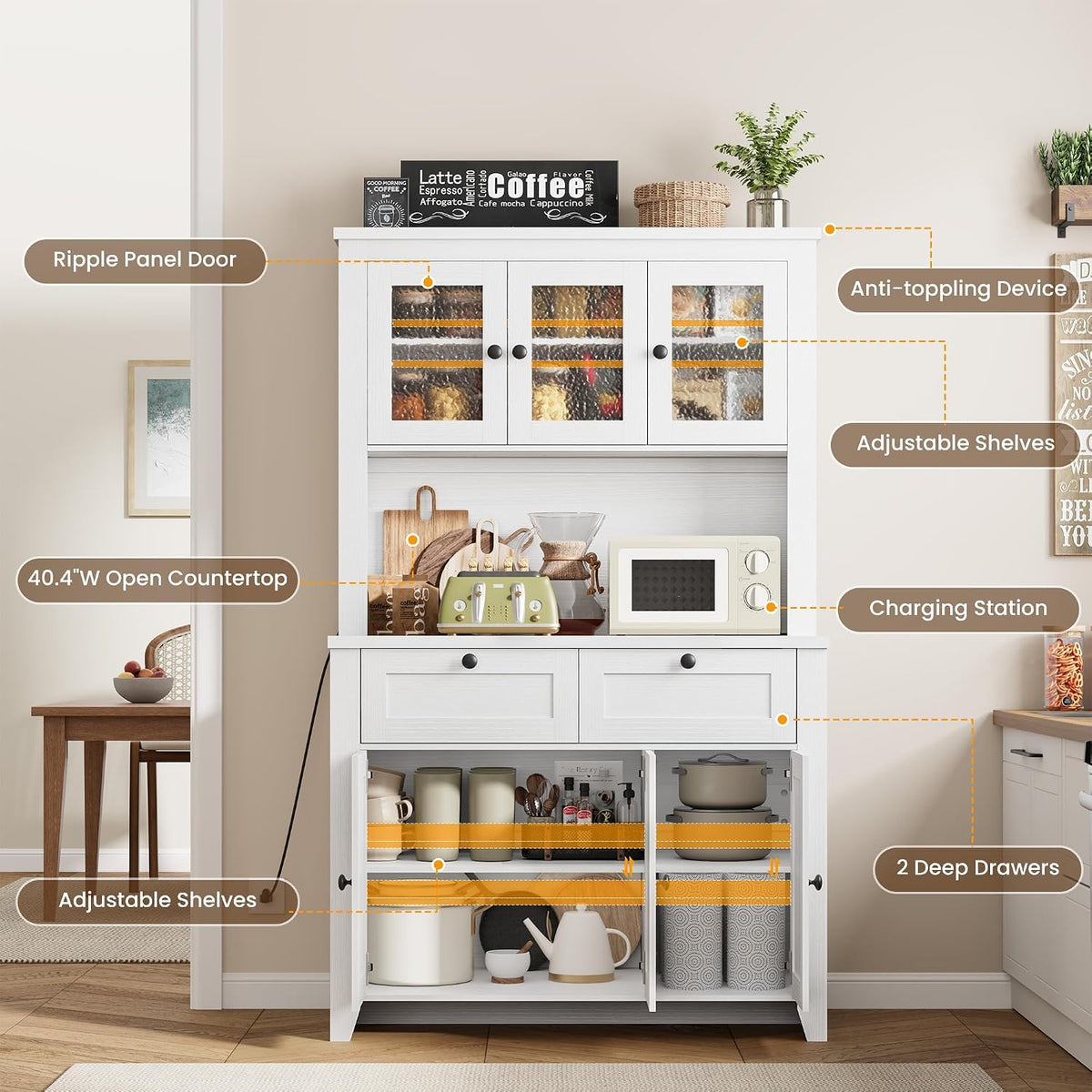 Garvee 66" Tall Pantry Cabinet with LED Lights & Charging Station, Kitchen Pantry Storage Cabinet Kitchen Hutch Coffee Bar with Adjustable Shelves for Dining Room, Living Room