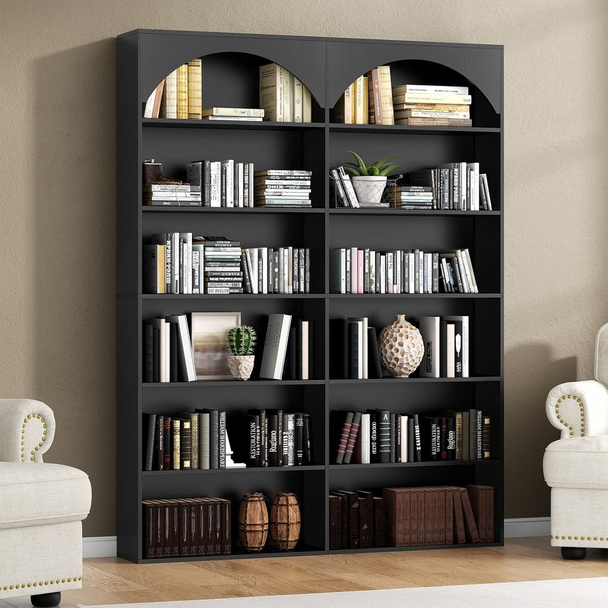 Gyfimoie 70.8’’ Tall Bookshelf and Bookcase, 7-Tier Double Wide Bookcase Modern Large Open Display Shelves with Curved Baffle for Home Office Living Room (Black)