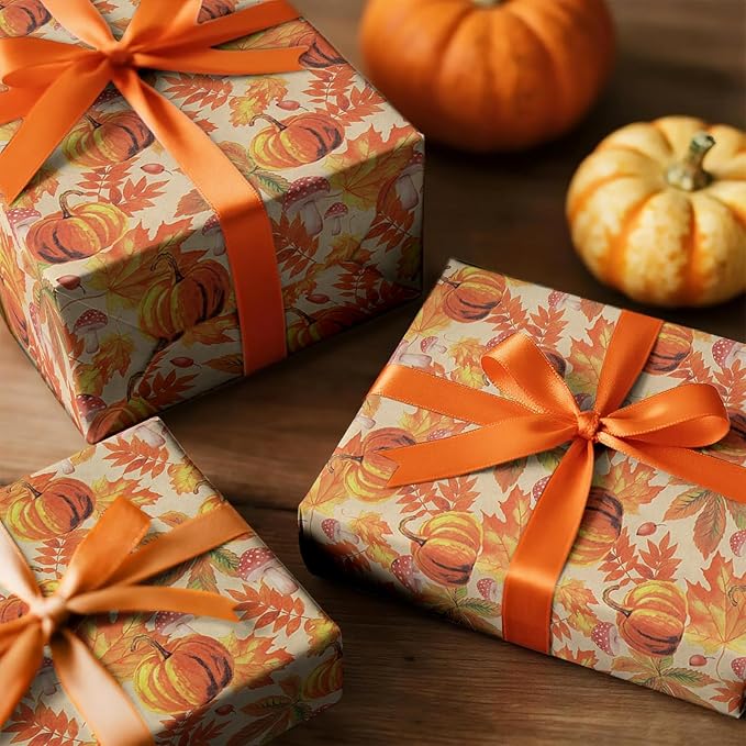 RUSPEPA Fall Wrapping Paper Roll, Mini Roll, Watercolor Pumpkin, Autumn Leaf and Mushroom Design, Autumn Kraft Gift Wrap Paper for Thanksgiving, Fall Party, Harvest, 17 Inches x 16.4 Feet