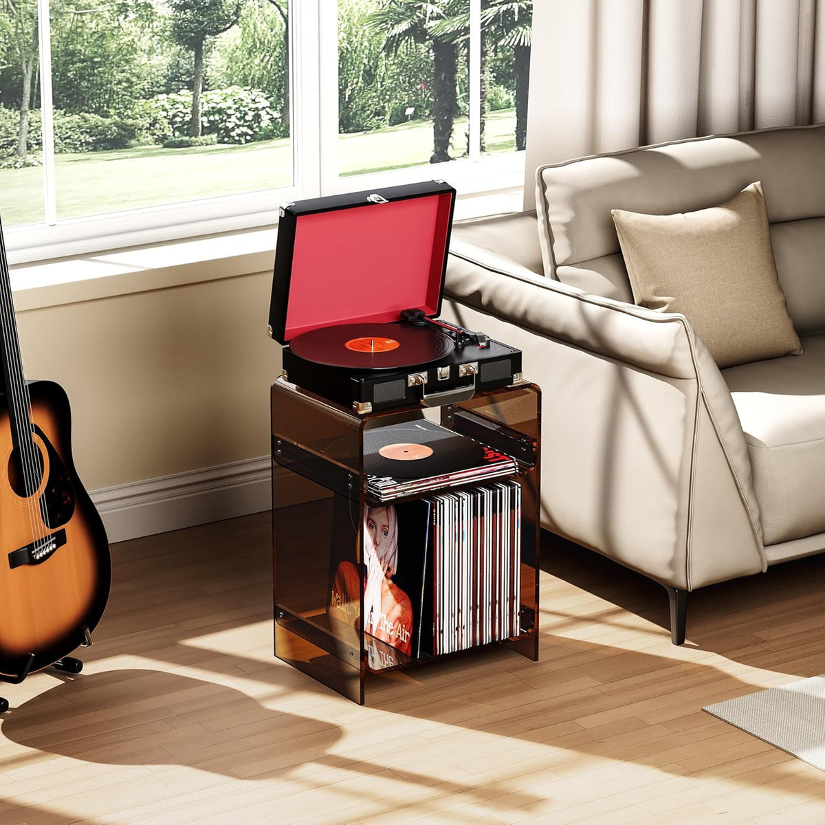 Acrylic Record Player Table with Storage Shelf, Clear Side Table Nightstand (Dark Brown, Medium)