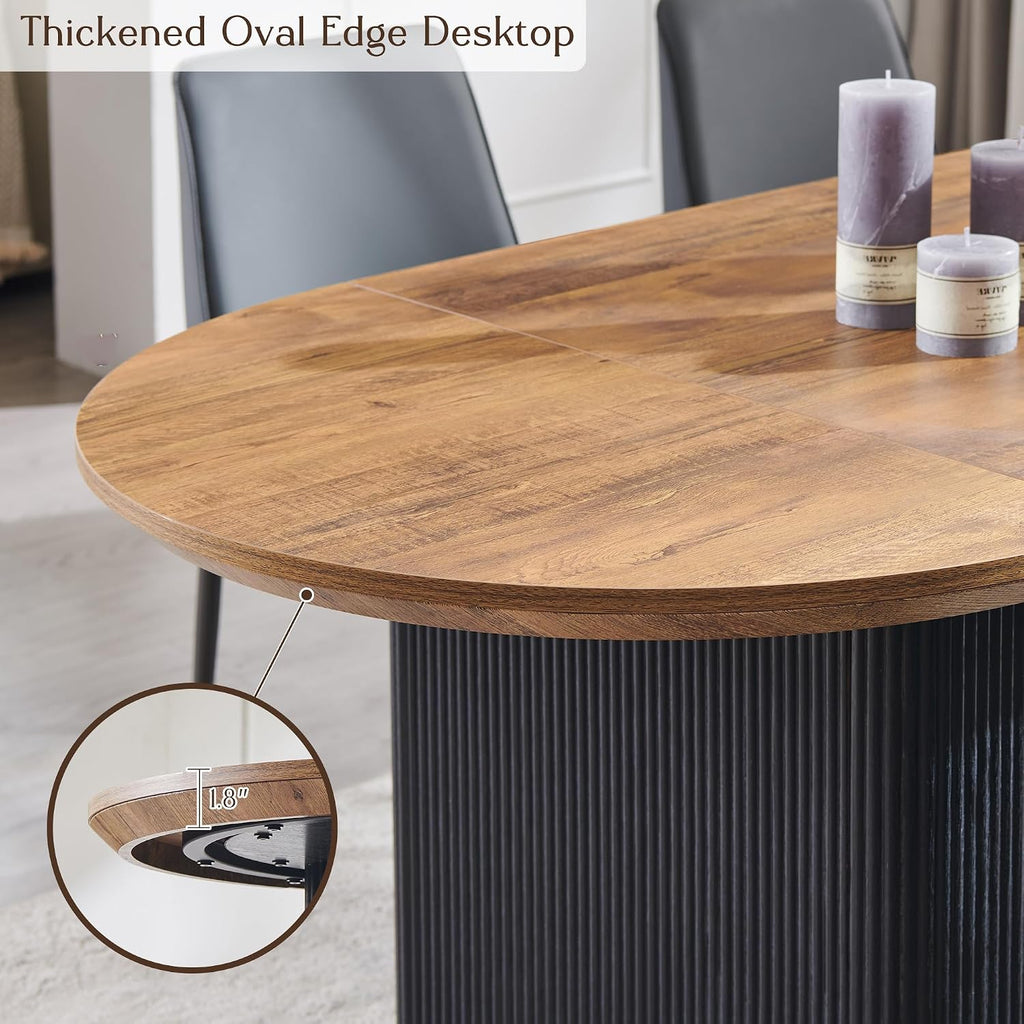 T4TREAM 63" Fluted Oval Dining Table for Kitchen Living Room,Brown&Black