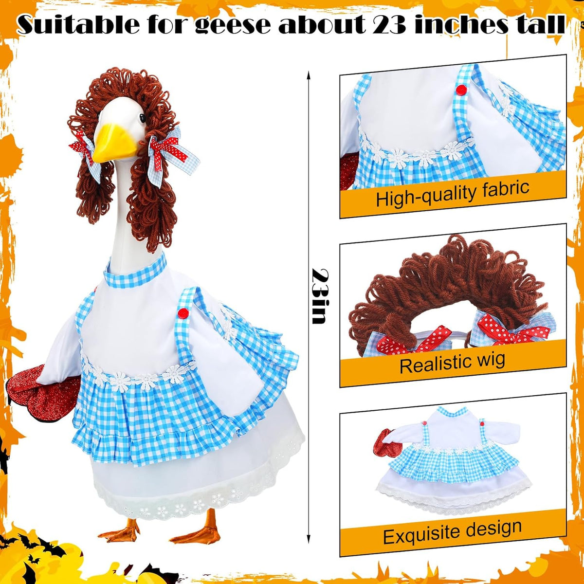 Abbylike Halloween Porch Goose Outfits Blue and White Gingham Wizard Dress Costume Porch Yard Goose Outfits Costume Clothes Fits Large 23'' Cement for Garden Yard Statue Pathway Decorations