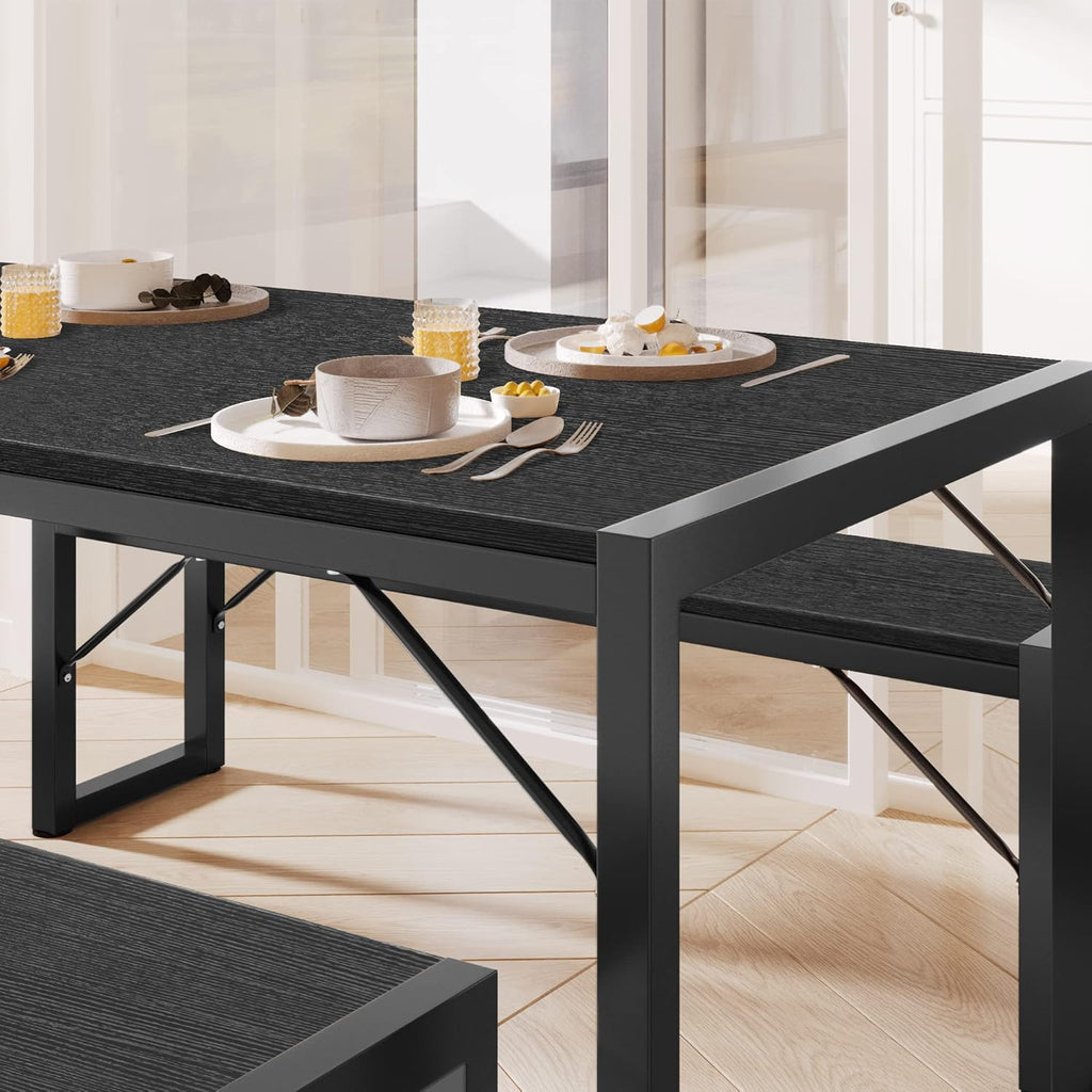 Gizoon 45.5" Dining Table Set for 4, Kitchen Table with 2 Benches Black | Space-saving black 4-person table set with 2 benches. Steel frame & MDF board. Benches tuck under table. 330lbs capacity.