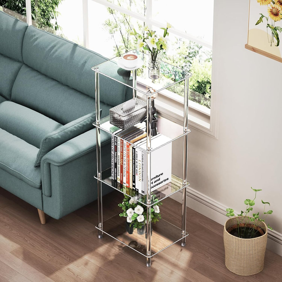 Clear Acrylic Side Table, 15.7" L x 11.8" W x 38.7" H, 4-Tier End Table for Living Room, Small Modern Bedside Tables Nightstand for Bedroom, Home Decor Accent Table JJ0011-01