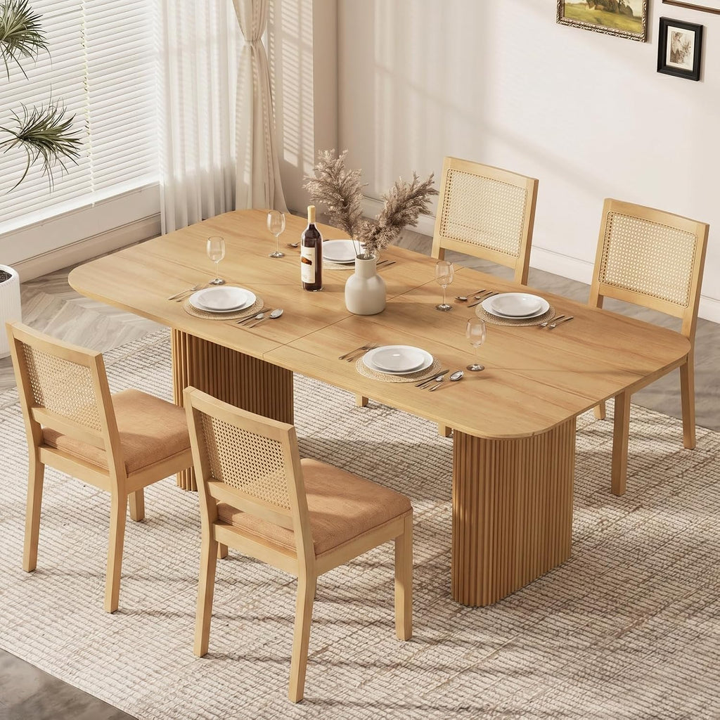 Rattan Dining Chairs Set of 4, French Country Cane Back Upholstered Kitchen Chairs, Solid Wood Farmhouse Side Chairs, Brown